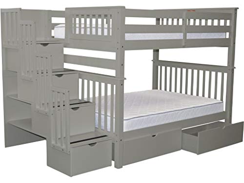 Bedz King Stairway Bunk Beds Full over Full with 4 Drawers in the Steps and 2 Under Bed Drawers, Gray
