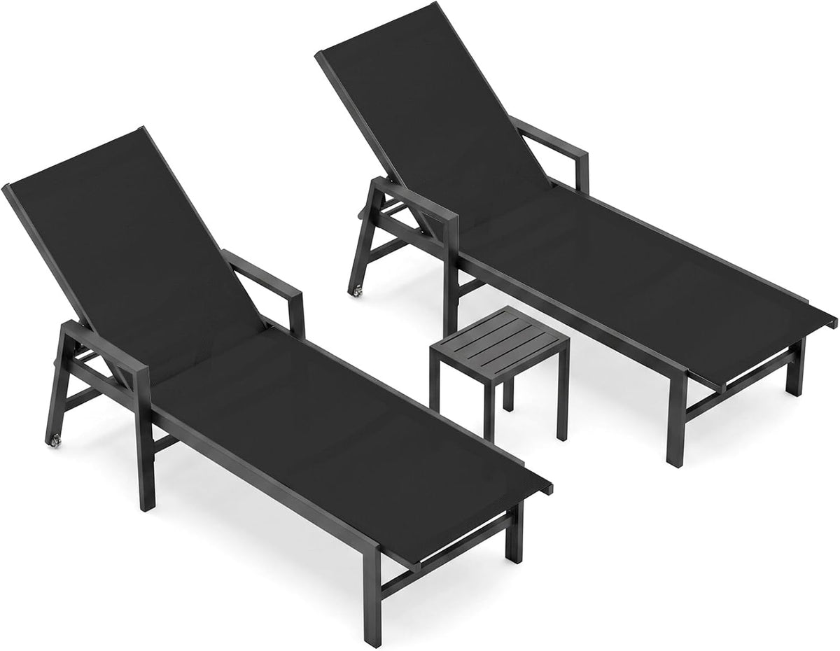 Two black Textilene chaise lounges on white background with a small slatted side table between them, shown from above.