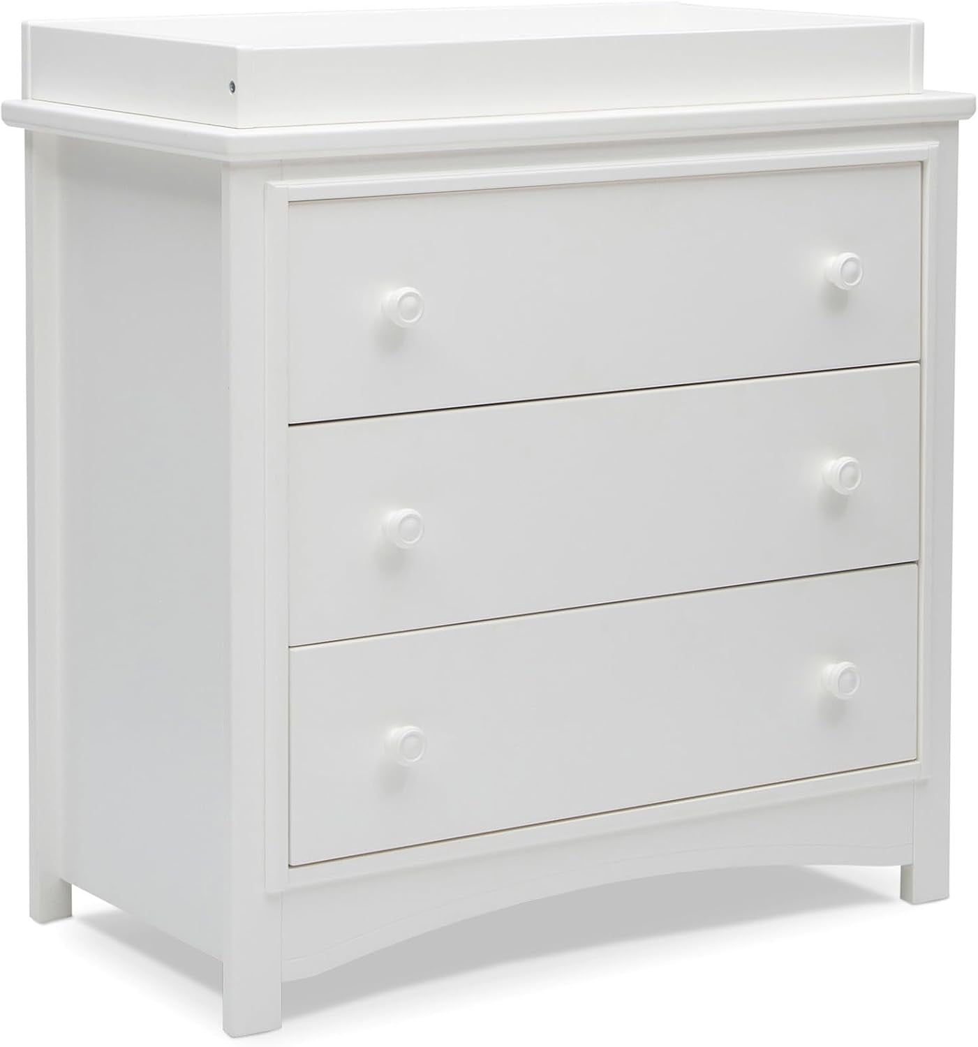 White three-drawer dresser with raised changing tray on top, front-right three-quarter view.