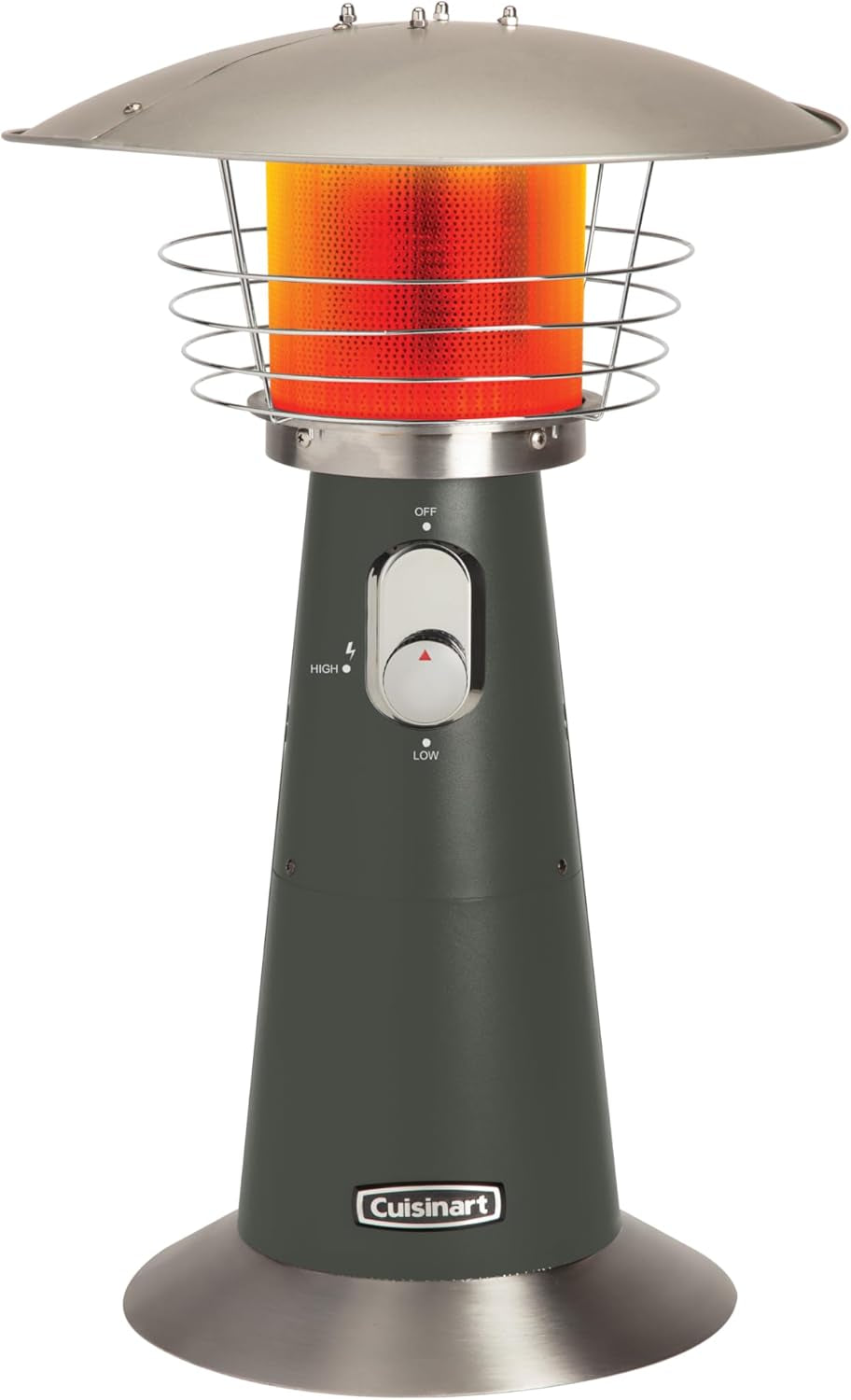 Front view of a tabletop patio heater with a dark green-gray conical body and protective wire guard