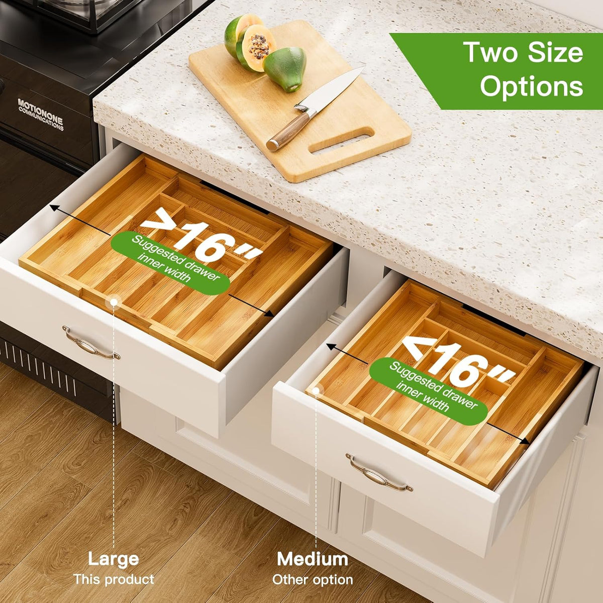 Two bamboo trays shown inside open kitchen drawers beneath a countertop to illustrate size options
