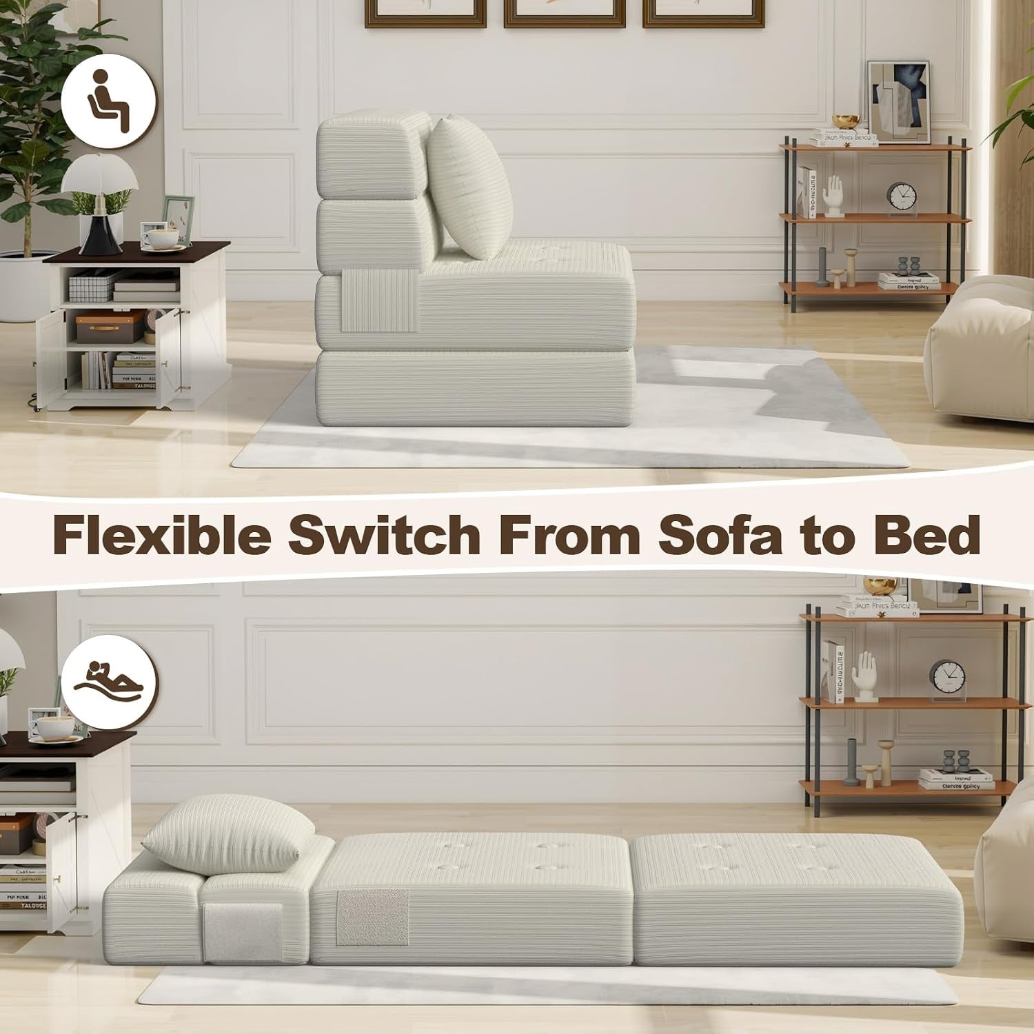 Side view of a cream corduroy folding sofa stacked as a chair above and unfolded flat as a bed below in a living room.