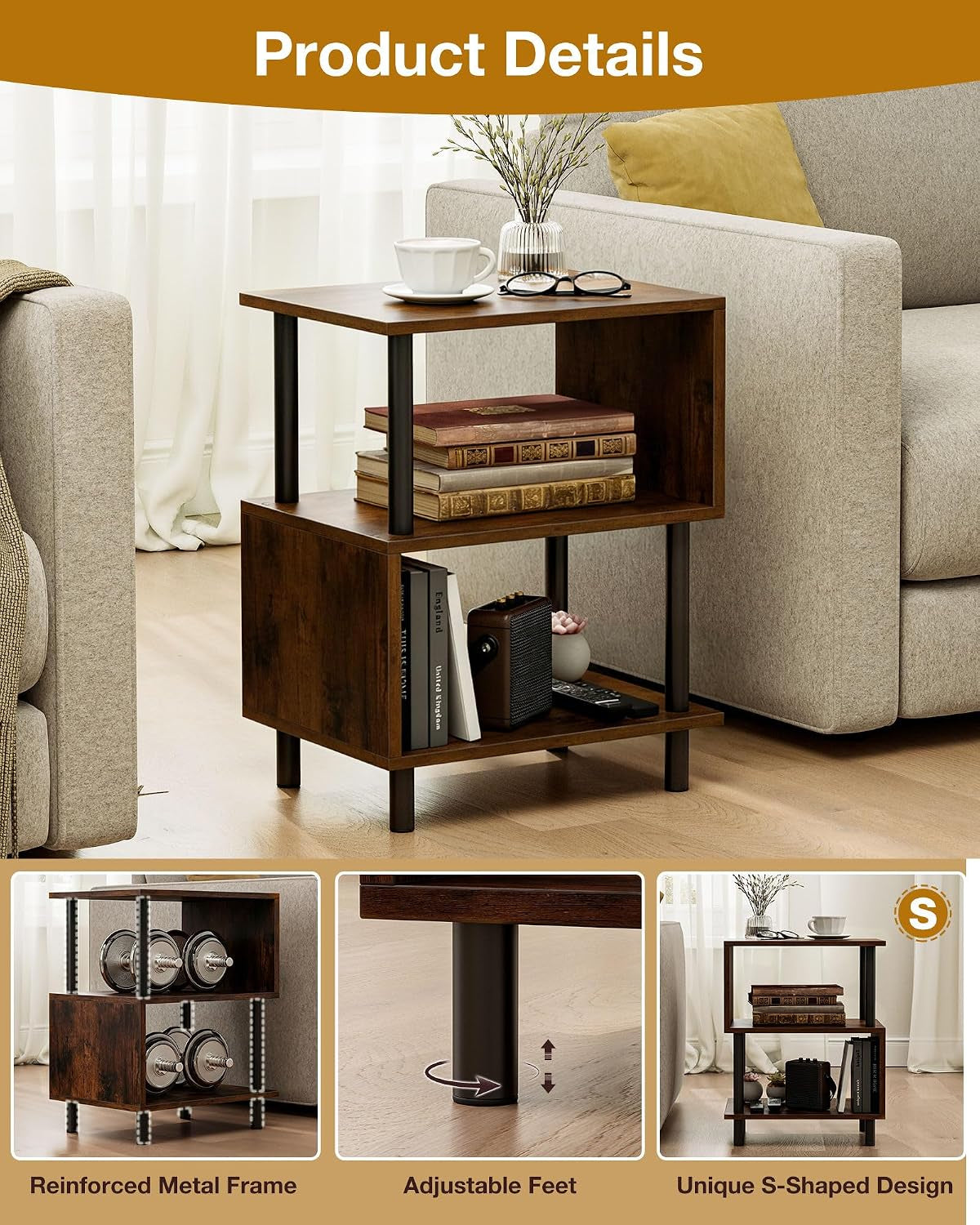 Close-up collage showing reinforced metal frame, adjustable feet, and the S-shaped design in rustic brown
