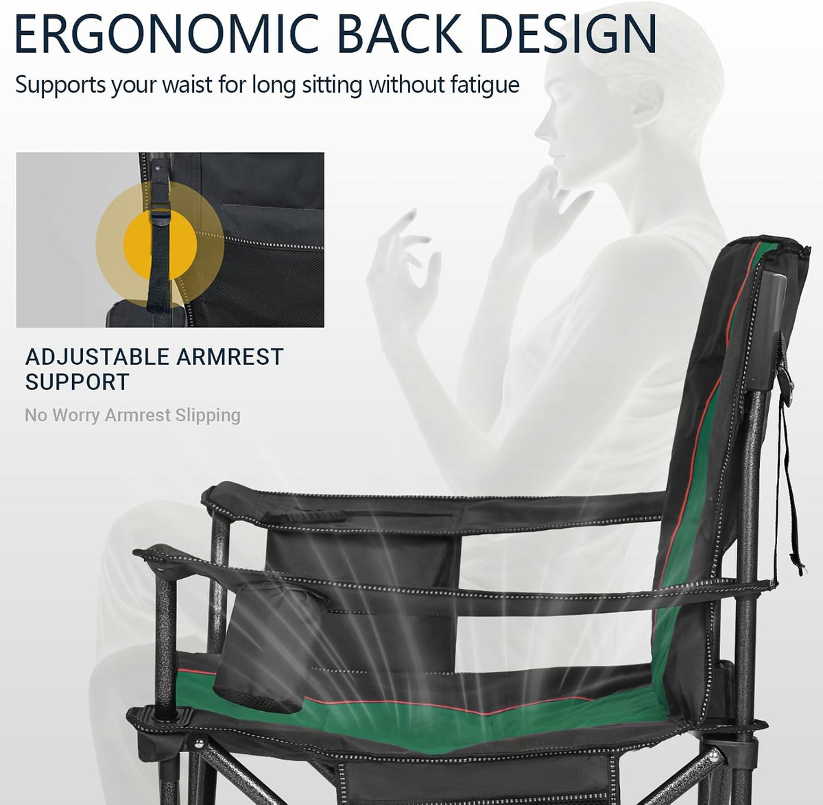 Side view of the chair showing padded high back, adjustable strap on armrest and cup pocket