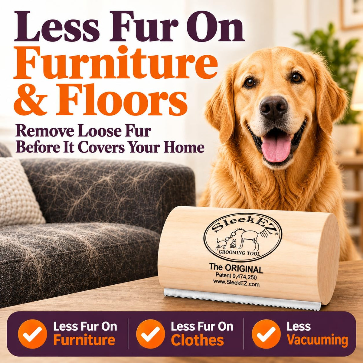 Wooden deshedding brush on a table in the foreground with a smiling golden retriever and a fur-covered sofa in the