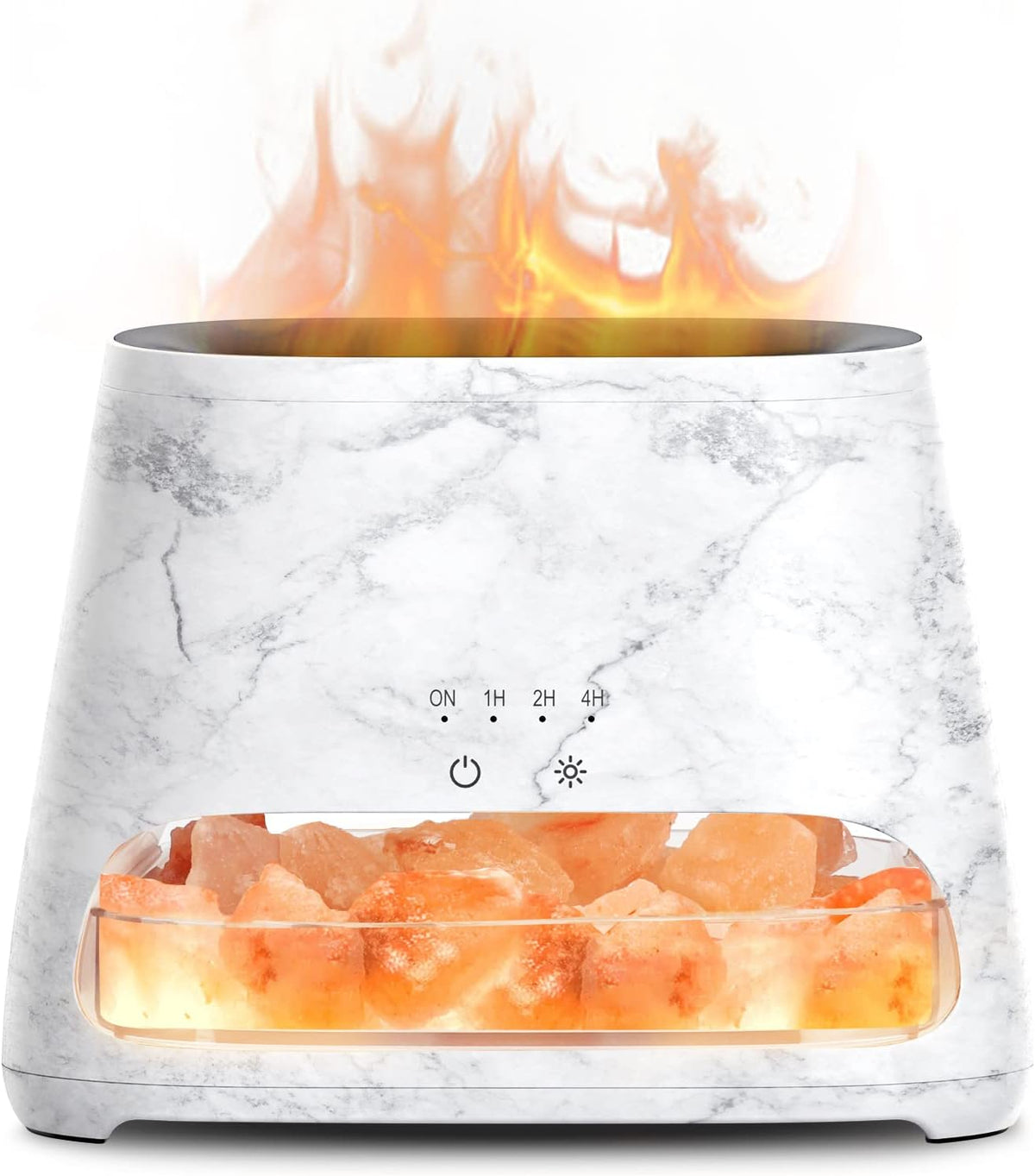 Front close-up of a white marble-pattern diffuser with a lit Himalayan salt chamber and glowing mist rising from the top.