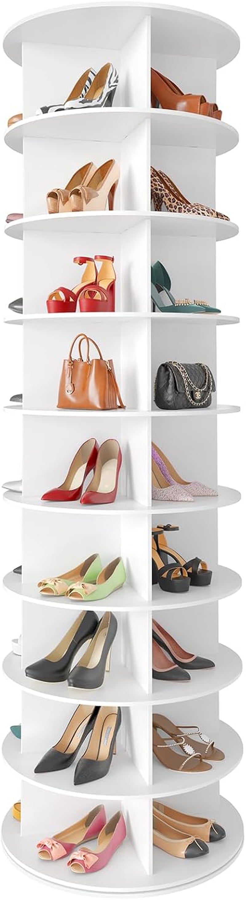 Tall white rotating shoe tower, vertical crop showing all seven circular tiers filled with shoes.