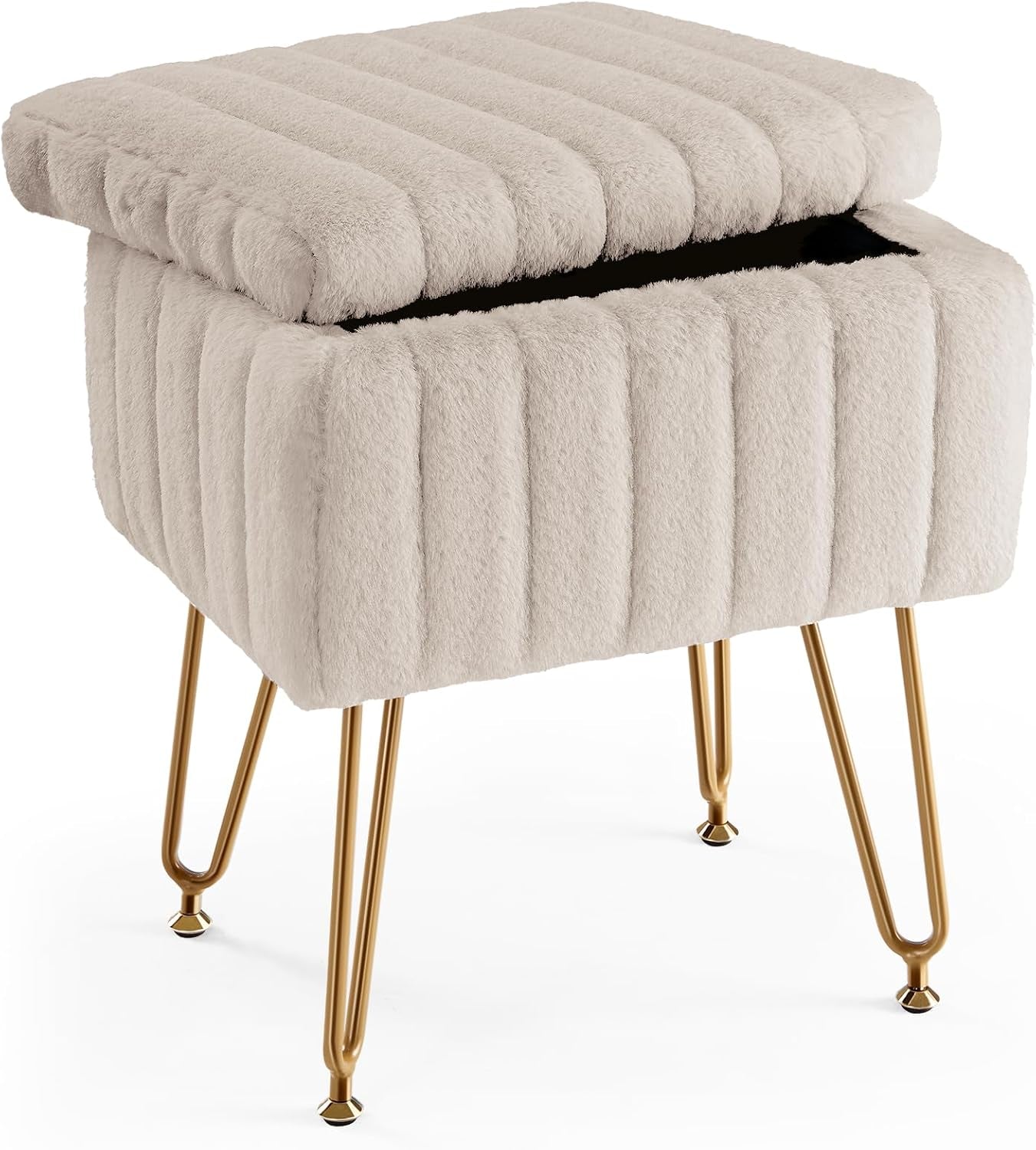 Beige faux-fur storage ottoman with ribbed upholstery, lid slightly ajar and gold metal hairpin legs.