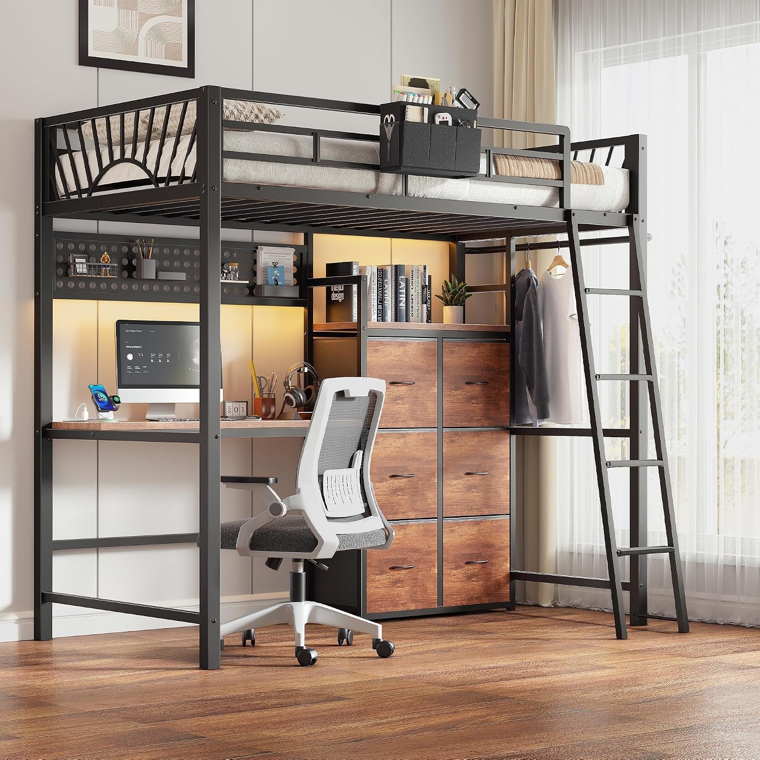 Metal twin loft bed over a built-in desk and wood-finish drawer unit, ladder at right and office chair below.