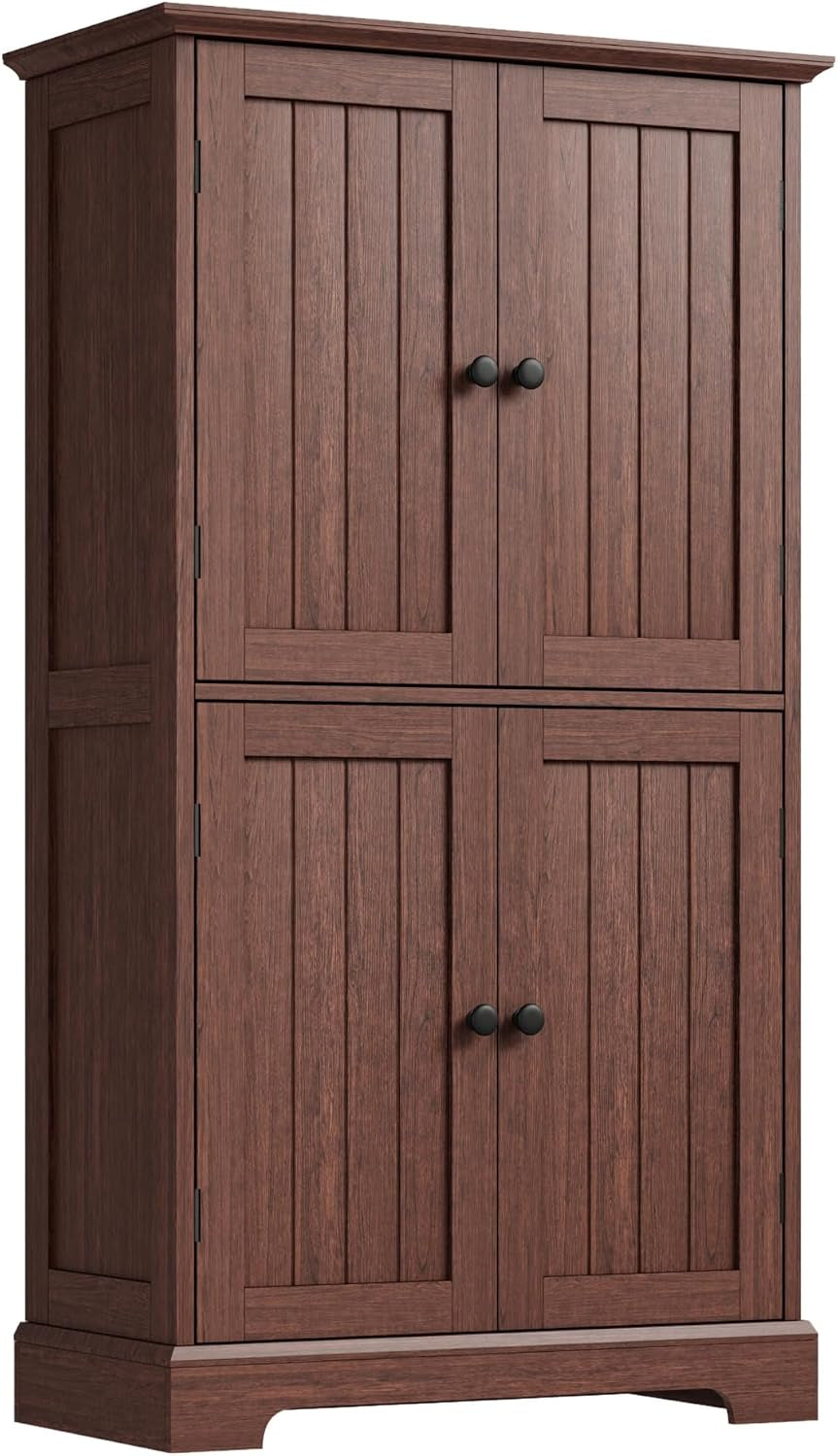 Four-door freestanding cabinet in warm brown wood tone featuring vertical grooves and black knobs.
