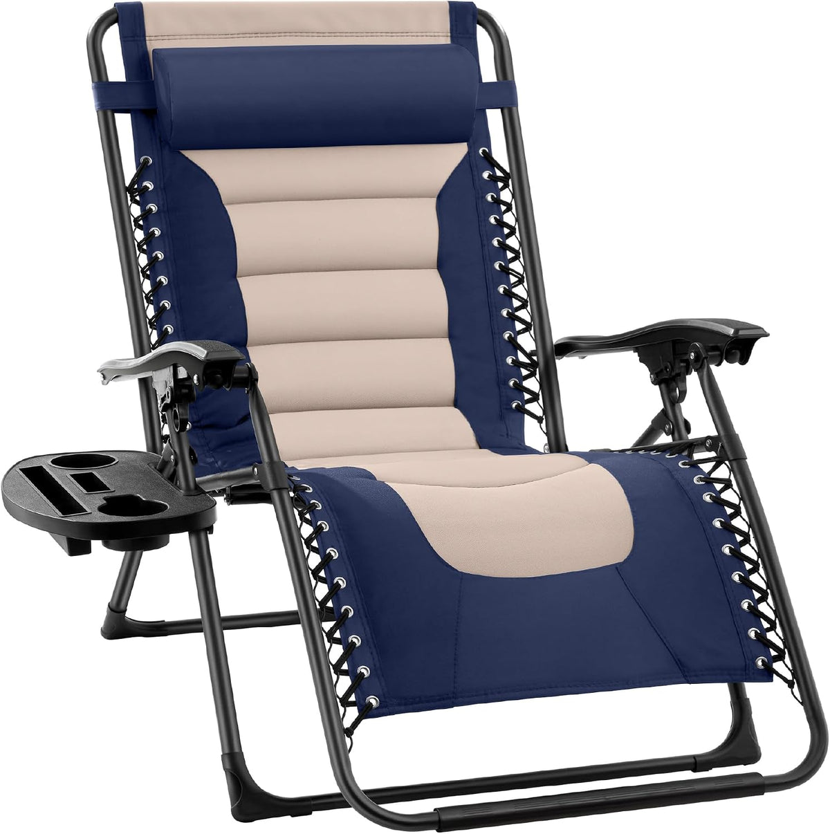 Blue and beige padded zero-gravity recliner angled to show armrests and detachable cup tray