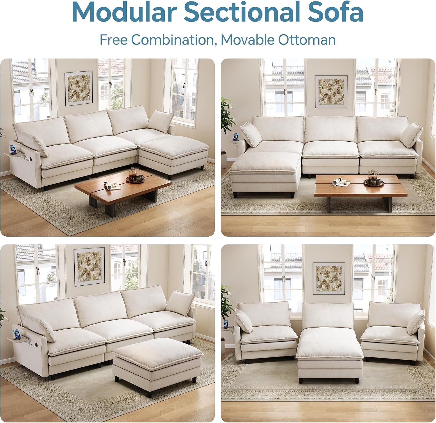 102'' L-Shaped Cloud Couch Sectional Sofa for Living Room, Beige | USB Charging Ports, Foldable Side Table, Movable Ottoman, Comfy Chenille Deep Seat