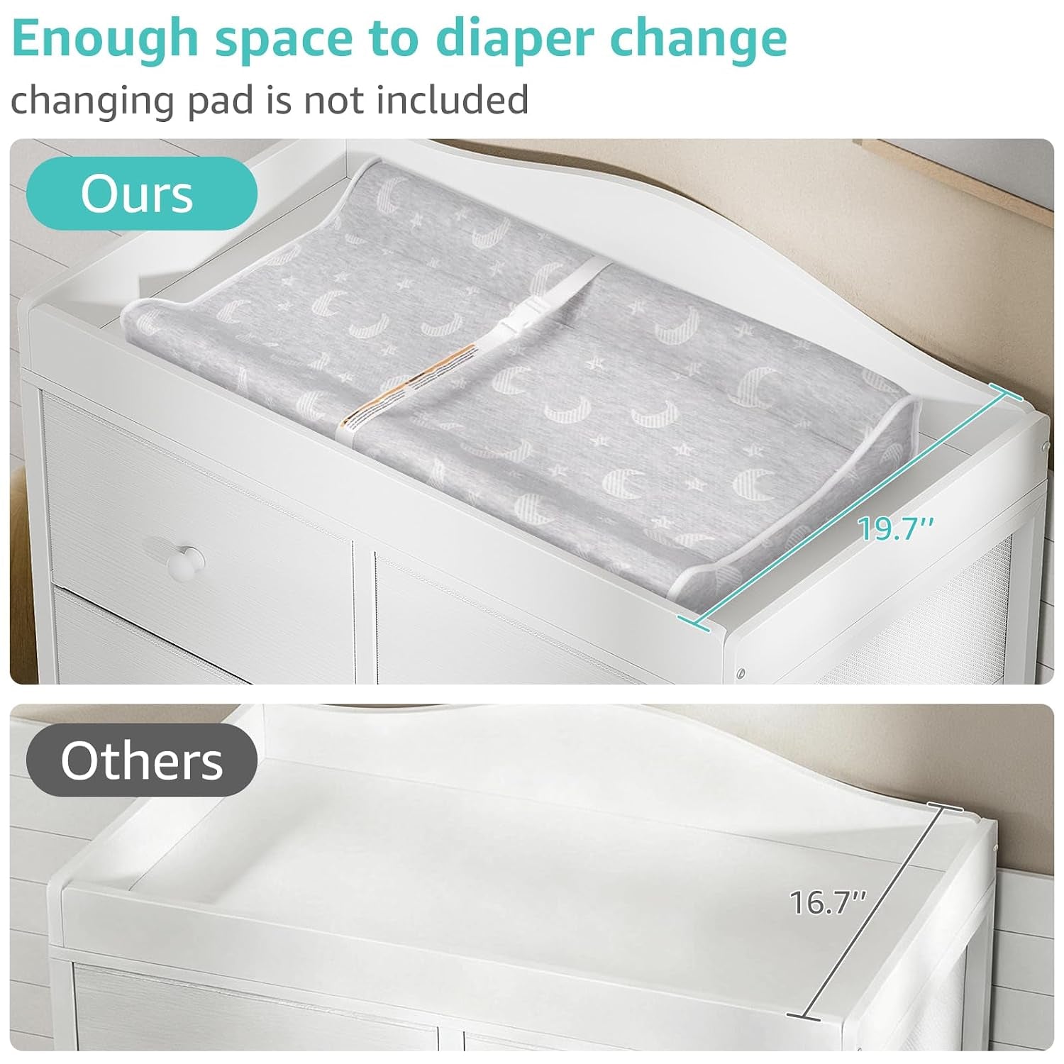 Top-down view of the dresser's changing top with a padded changing mat placed inside and a comparison image below.