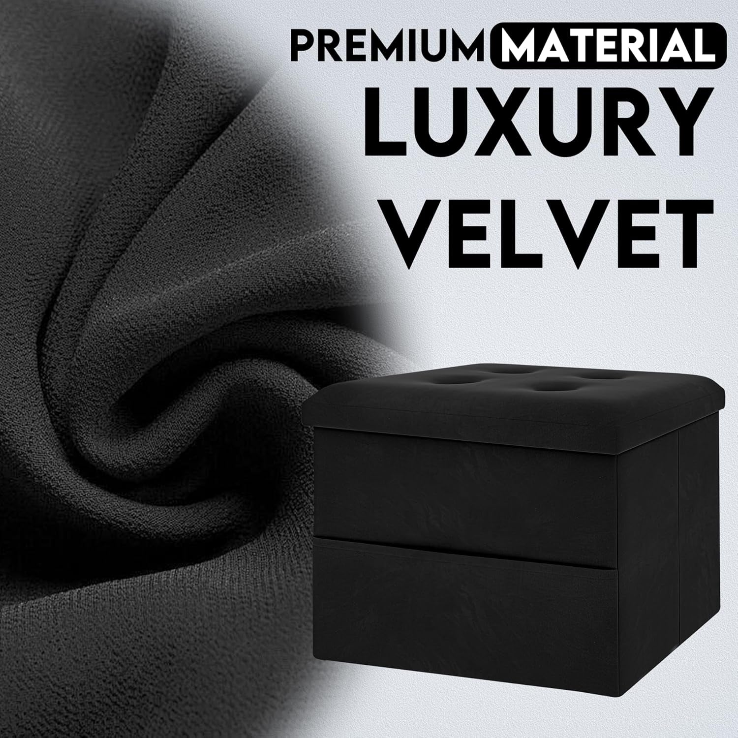 Close-up of black velvet fabric texture and angled view of the ottoman highlighting the soft top
