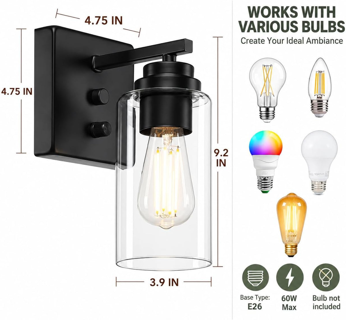 Diagram showing sconce dimensions and compatible E26 bulb types including LED, incandescent, CFL and halogen