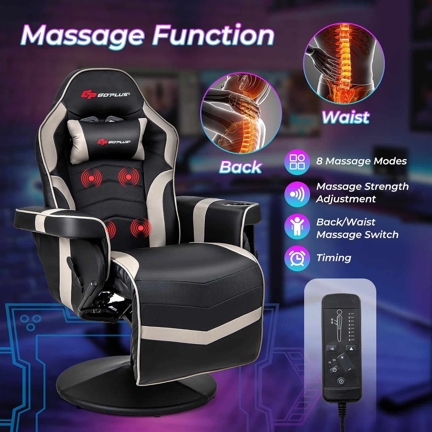 Front view of the gaming recliner with highlighted back and waist massage points and a controller close-up