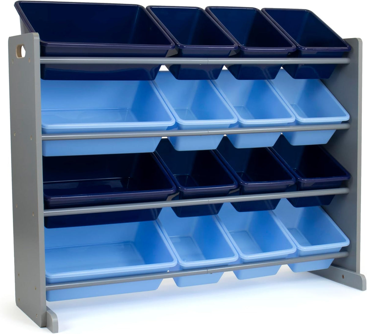Gray-framed 4-tier organizer holding alternating dark navy and light blue plastic bins.