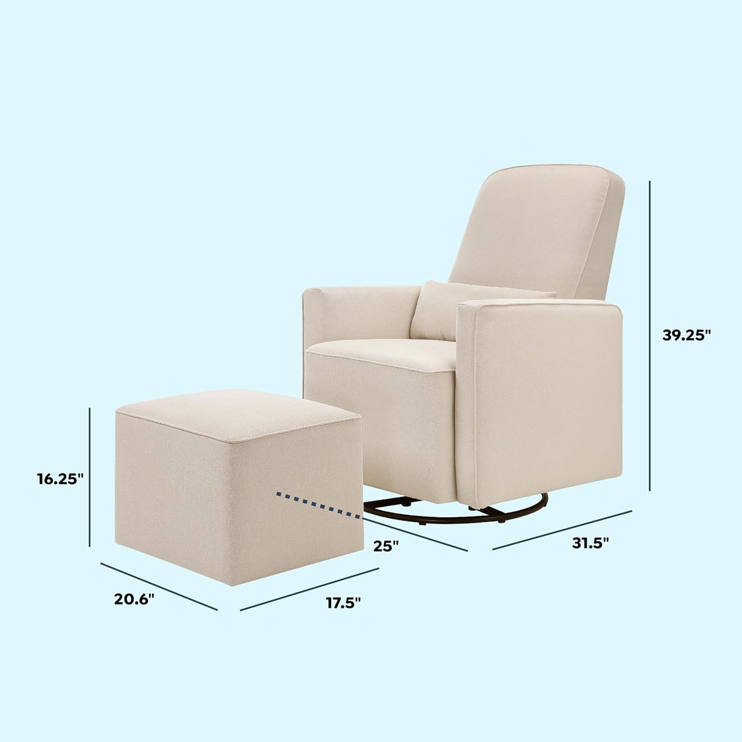 Cream glider chair and ottoman on light blue background with dimension overlays visible