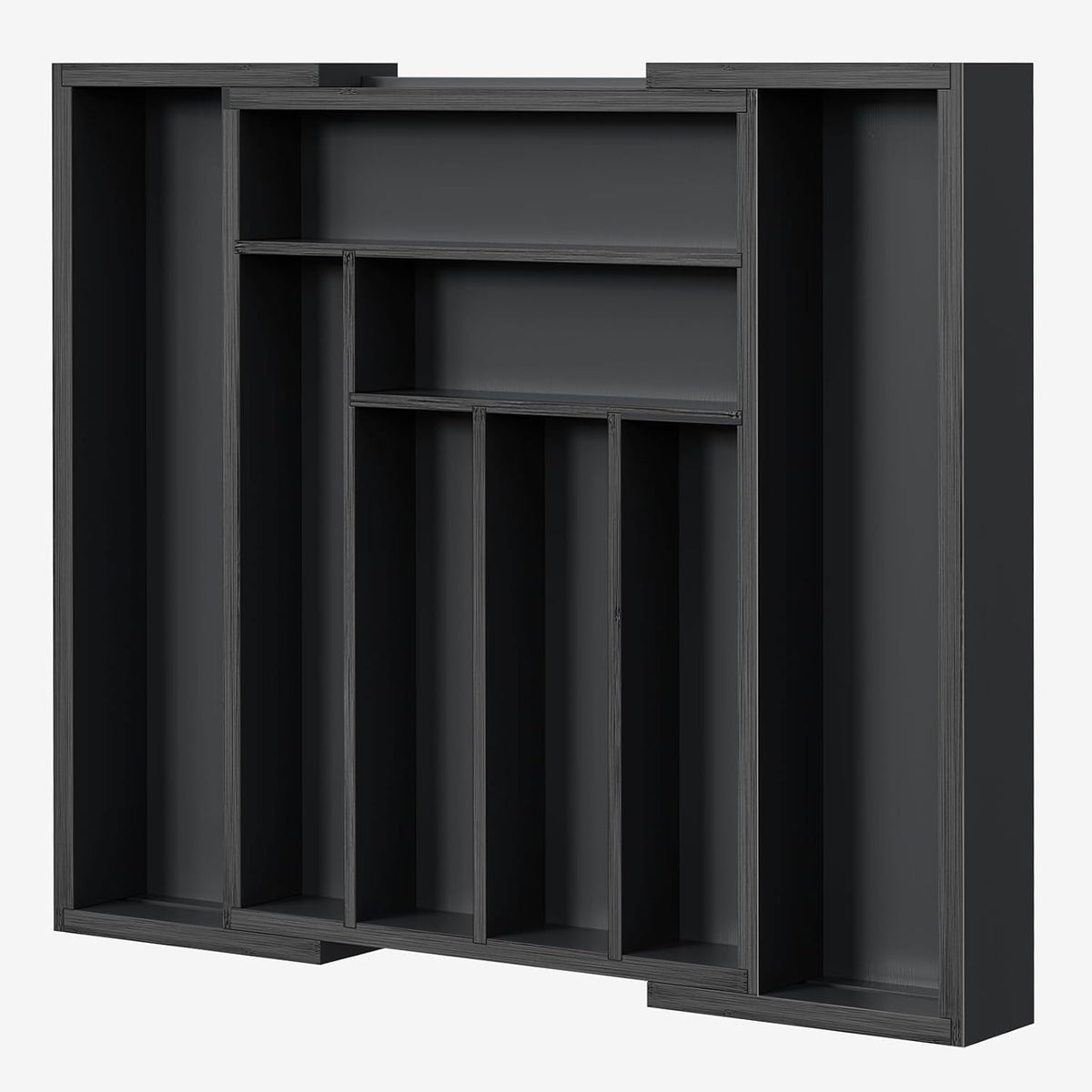 Front close-up of an empty dark charcoal expandable cutlery tray showing five narrow vertical slots.
