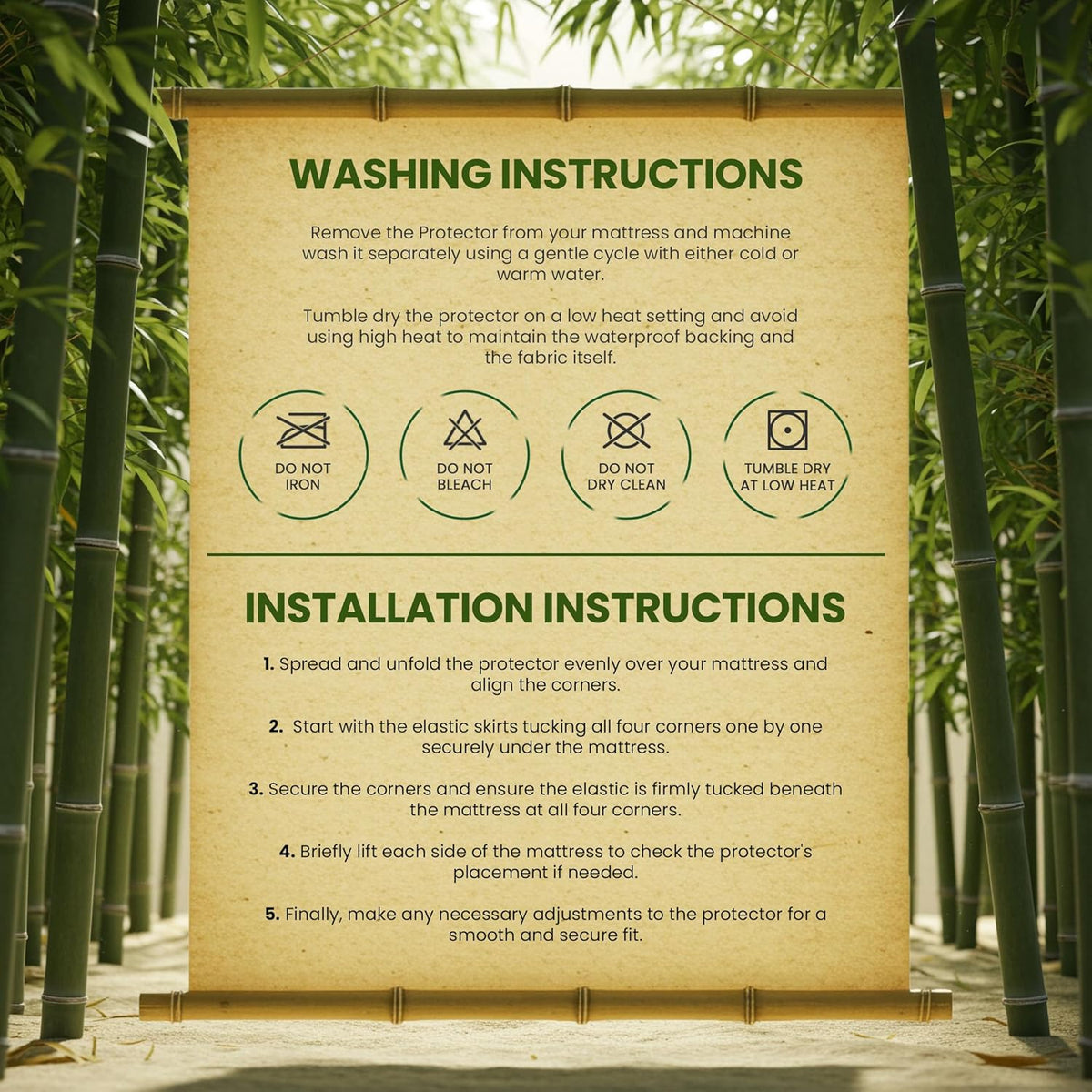 Washing and installation instructions poster for the mattress protector with care icons and numbered steps