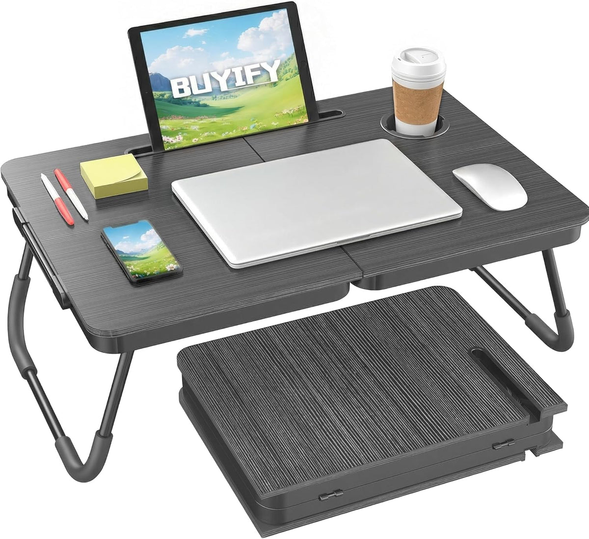 Black foldable lap desk on white background with laptop, phone, mouse, cup and a folded unit in front