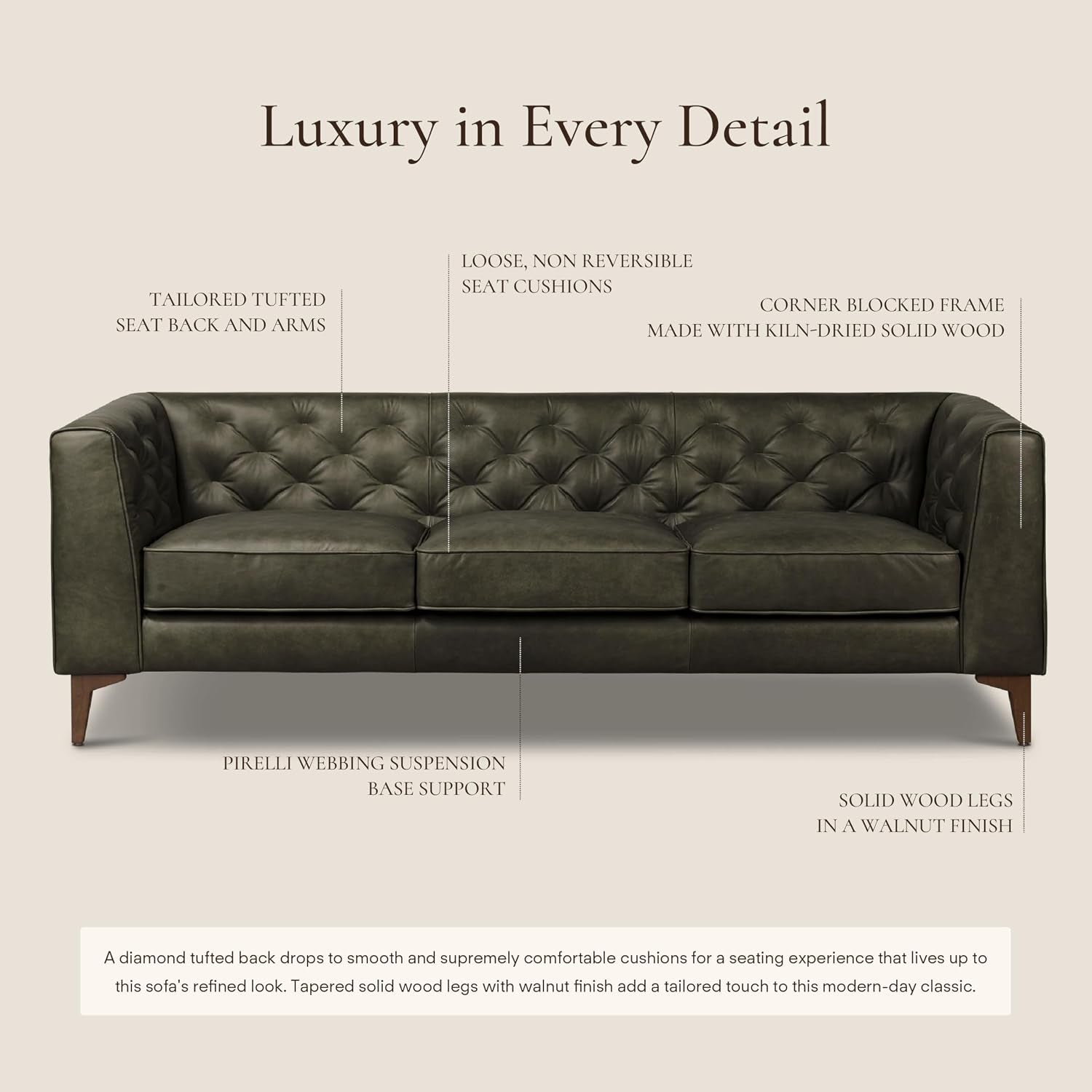 Poly & BARK Essex 89” Full-Grain Italian Leather Sofa – Tufted Back, Feather-Down Comfort, Solid Wood Frame, Olivine Green