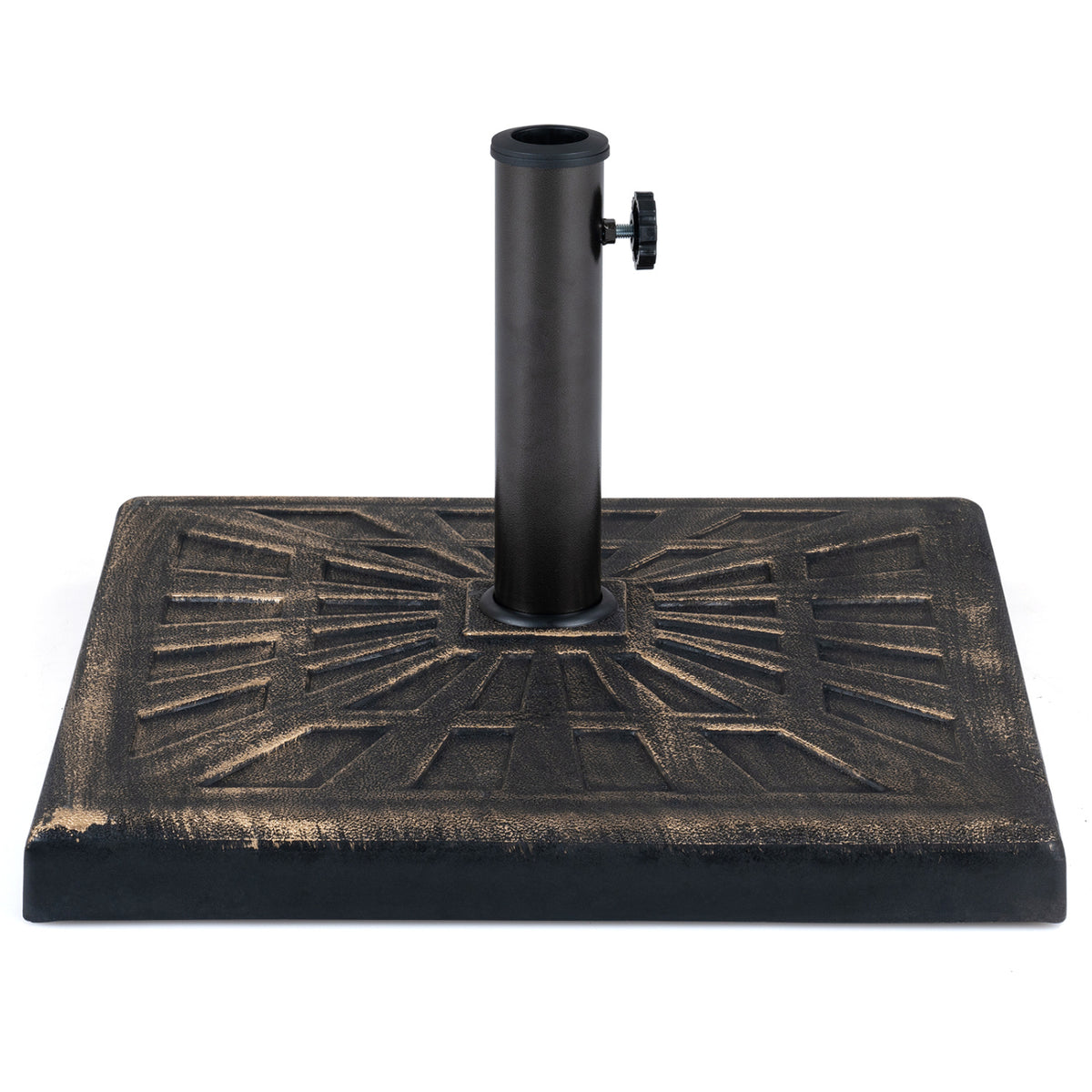 Antiqued bronze and black patterned umbrella base isolated against a white background