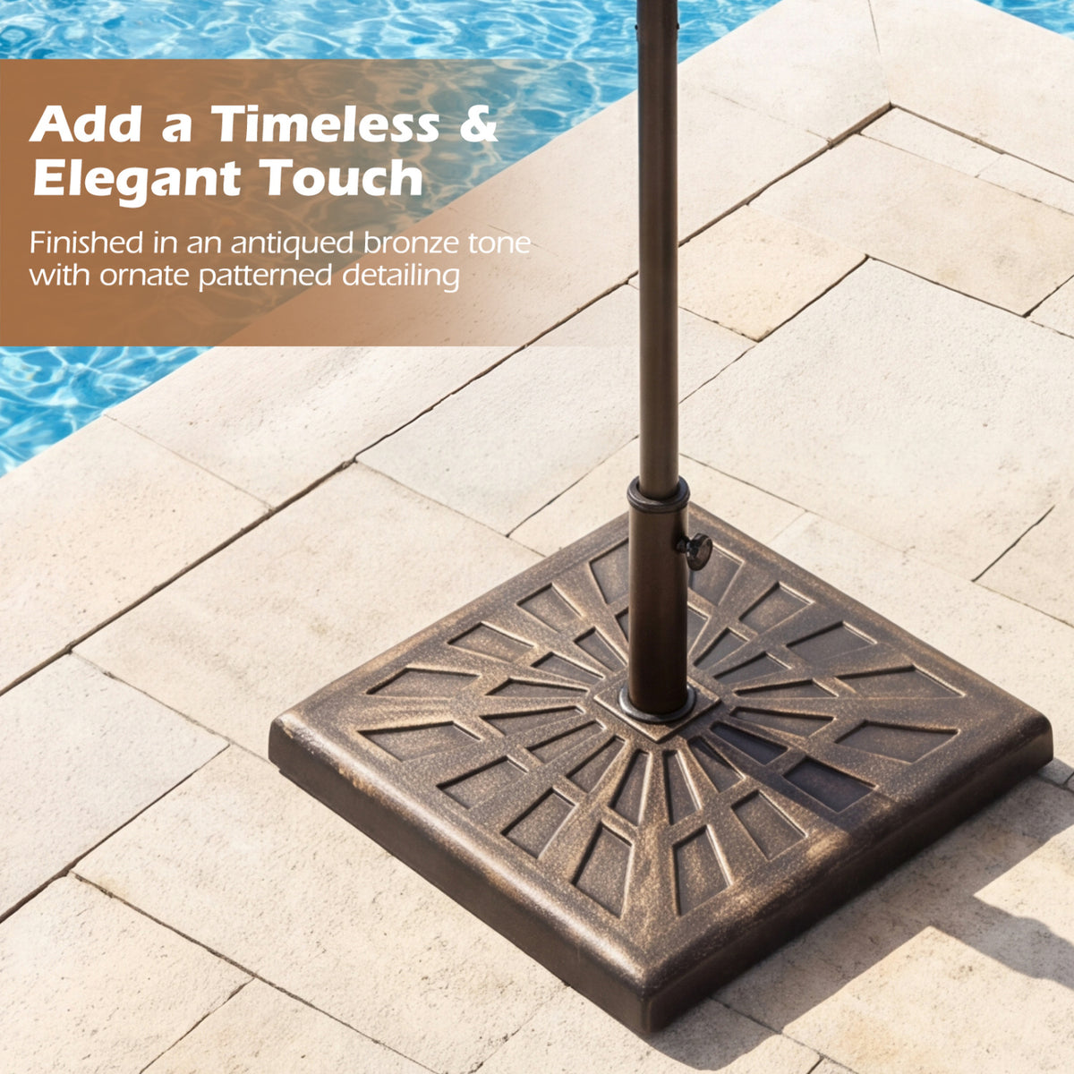 Close view of the patterned umbrella base on a patio beside a swimming pool