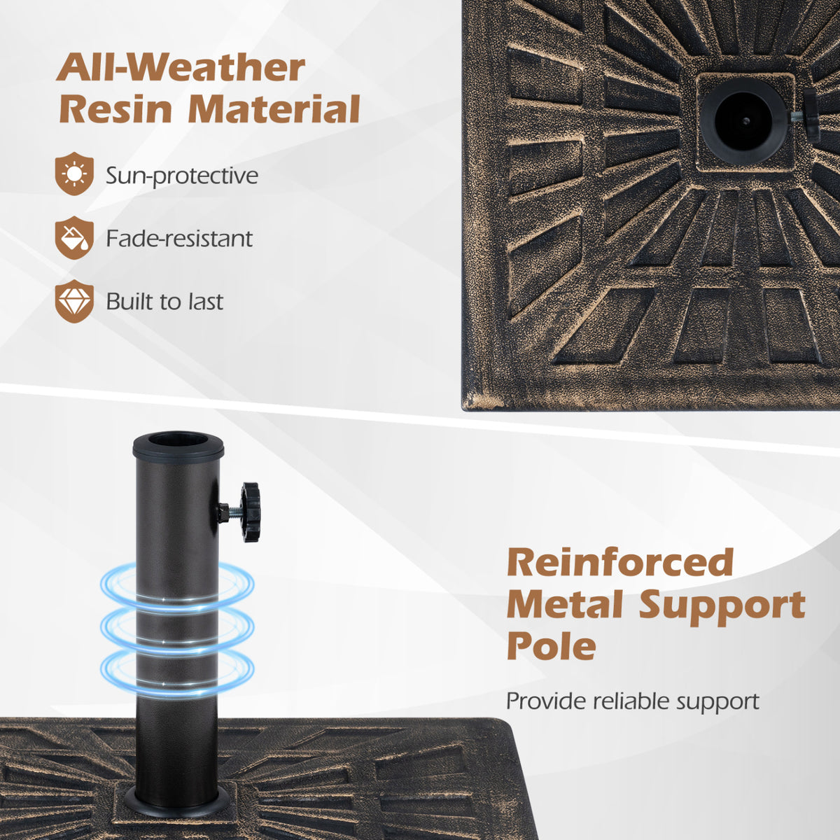 Close-up of a textured square umbrella base and its black support pole, with blue rings highlighting the pole.