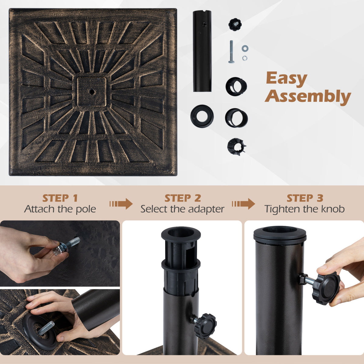 Umbrella base, pole, adapters, and hardware are shown beside three photos illustrating the assembly steps.