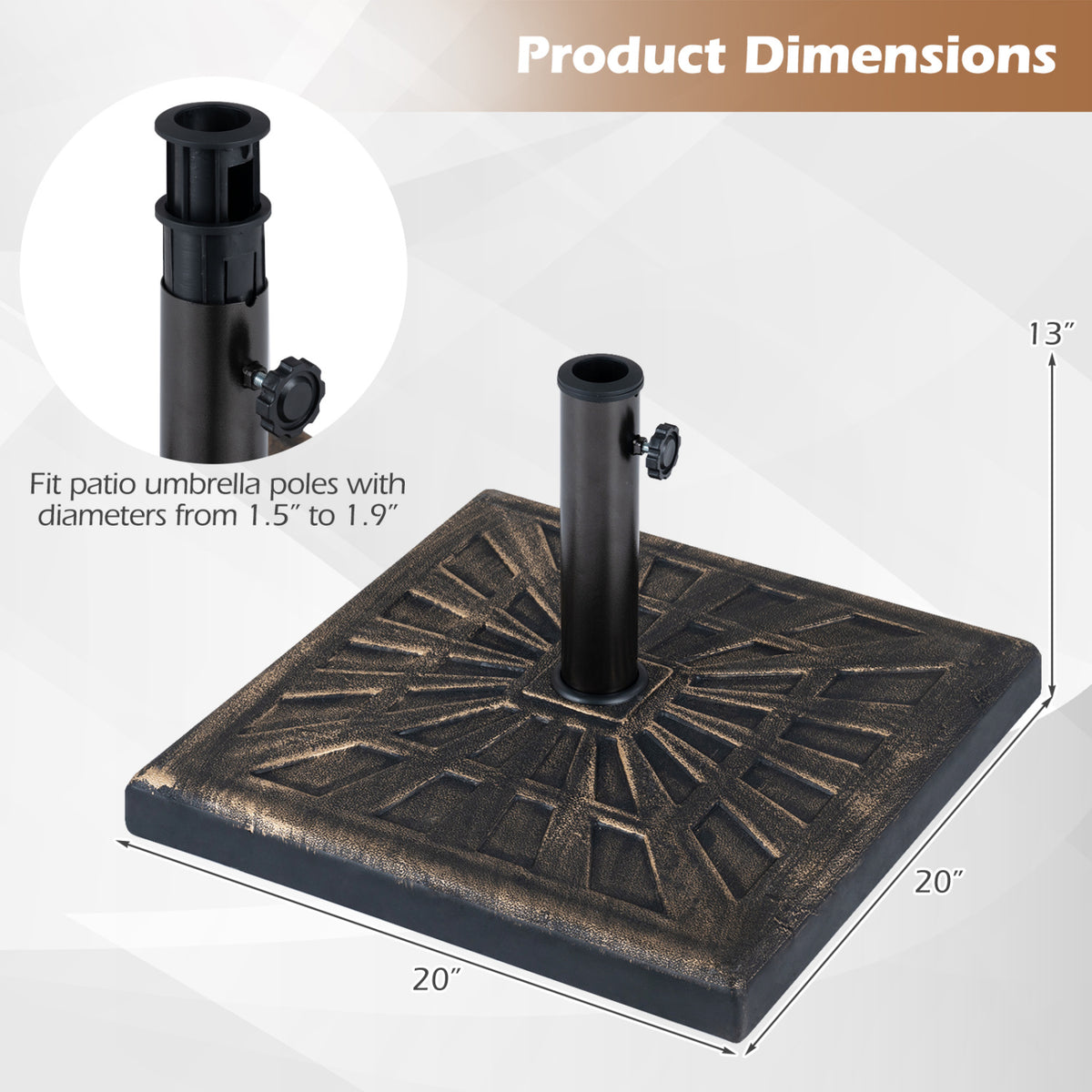 Antiqued bronze umbrella base in a dimensions graphic with an adapter inset