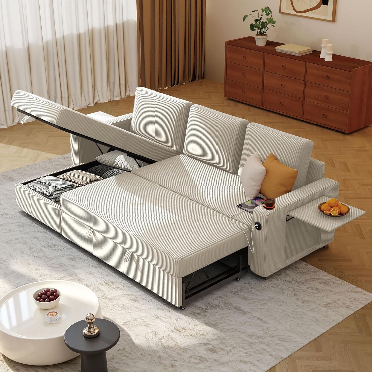 Beige corduroy L-shaped sectional sleeper sofa open to show hidden chaise storage and pull-out bed in living room