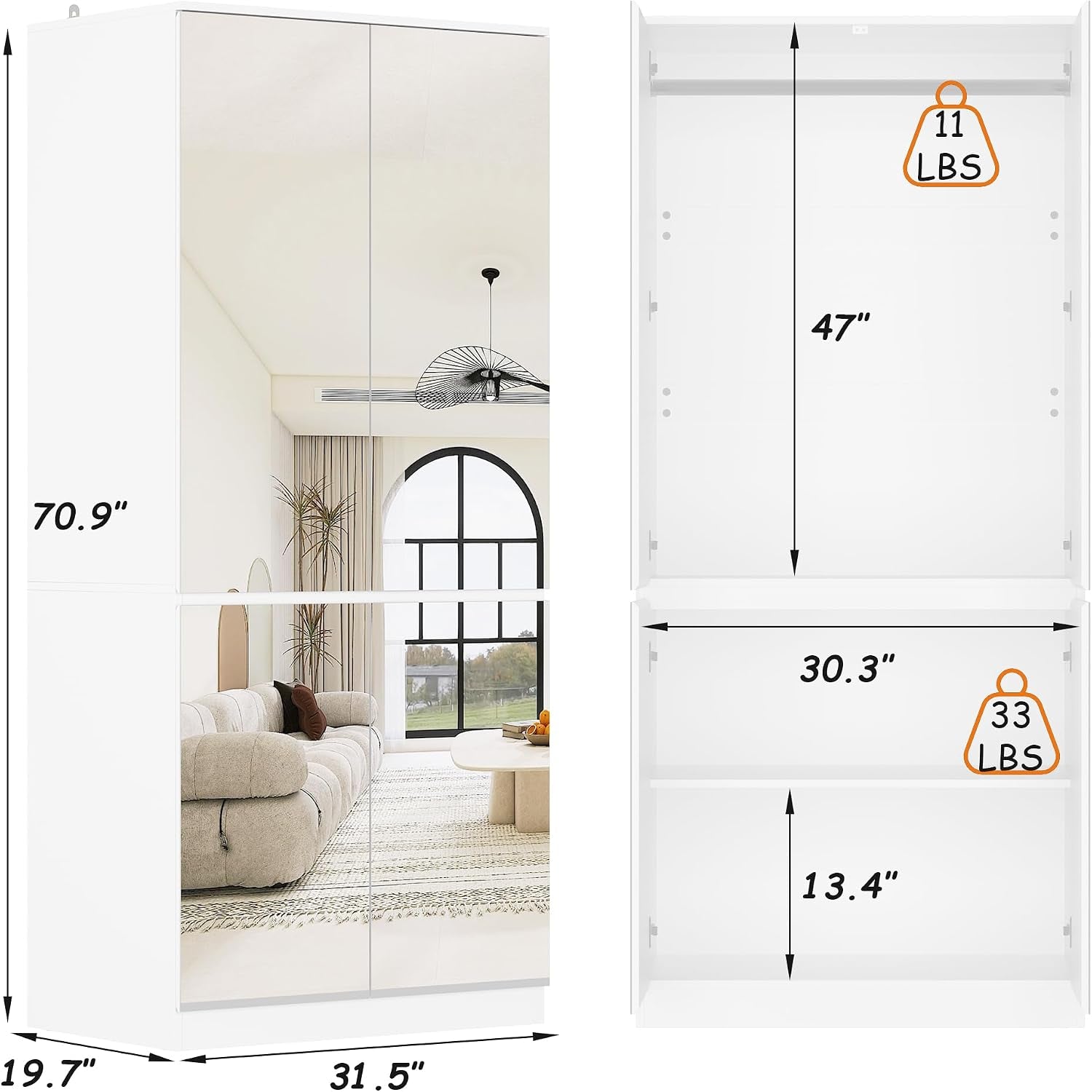 White mirrored wardrobe front and interior diagram with measurements showing 31.5" W x 19.7" D x 70.9" H and shelf/hanging布局