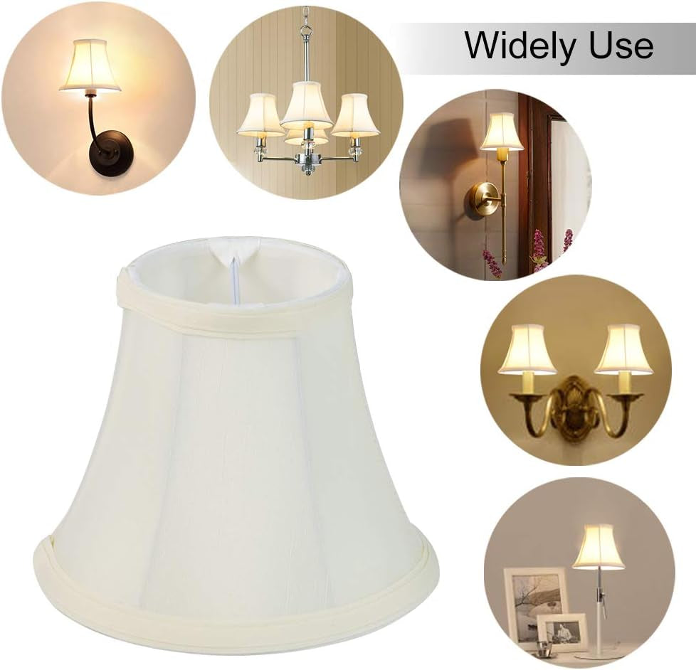 Close-up front view of a cream fabric bell clip-on shade with inset circles showing lamp uses