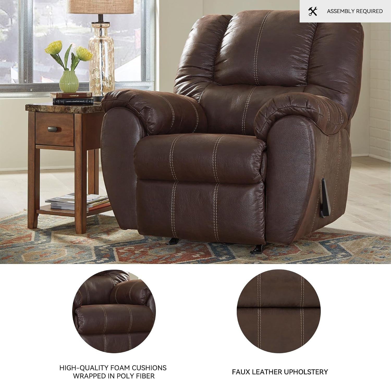 Recliner close-up with circular callouts highlighting high-quality foam cushions and faux leather upholstery