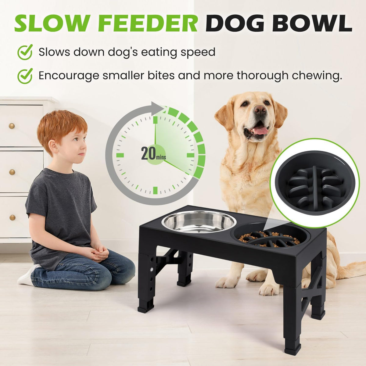 Slow-feeder bowl installed in the elevated stand with a child and a golden retriever in the background