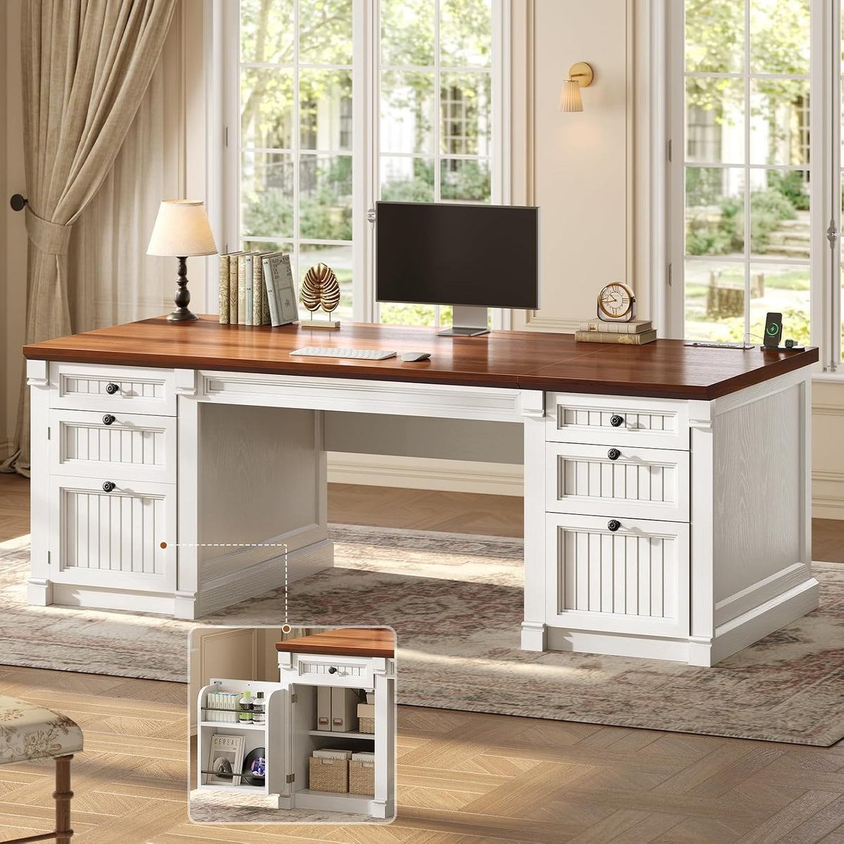 White desk base with warm wood top, single monitor, lamp and books; inset shows concealed side storage compartment.