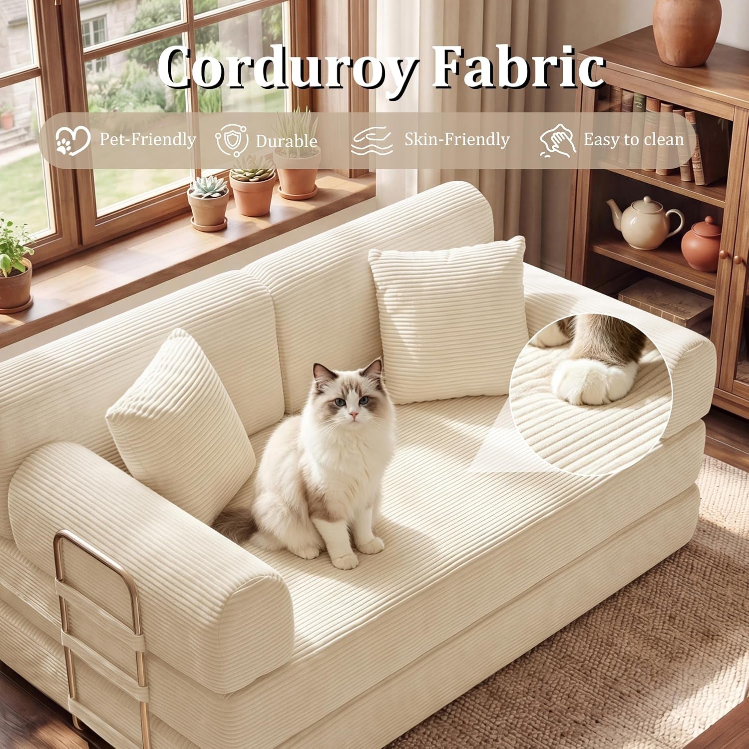 Cream ribbed loveseat with two pillows, a cat seated on the cushion and a magnified fabric close-up bubble.