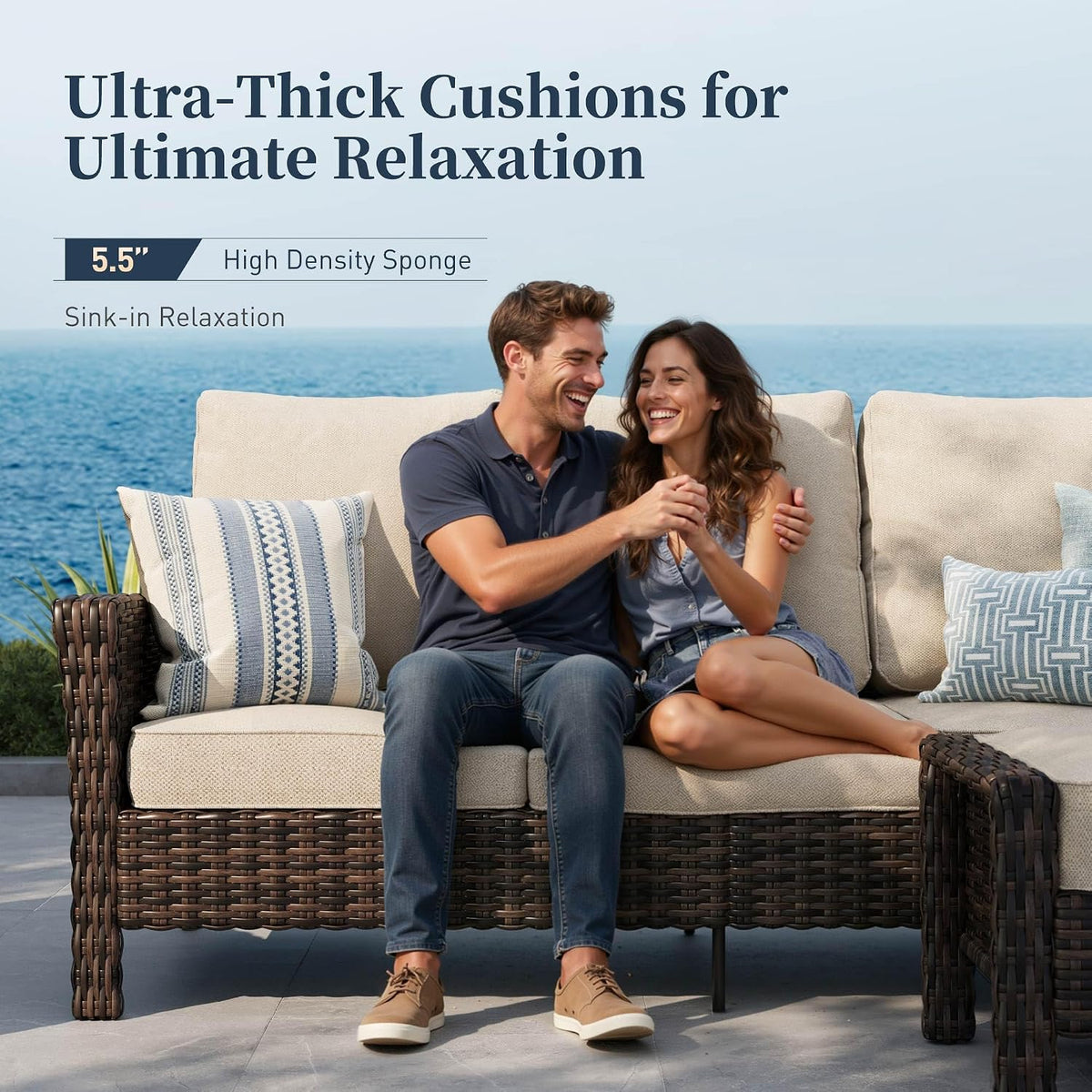 Three-seat sofa with beige ultra-thick cushions showing seating comfort and removable cushion covers, front view.