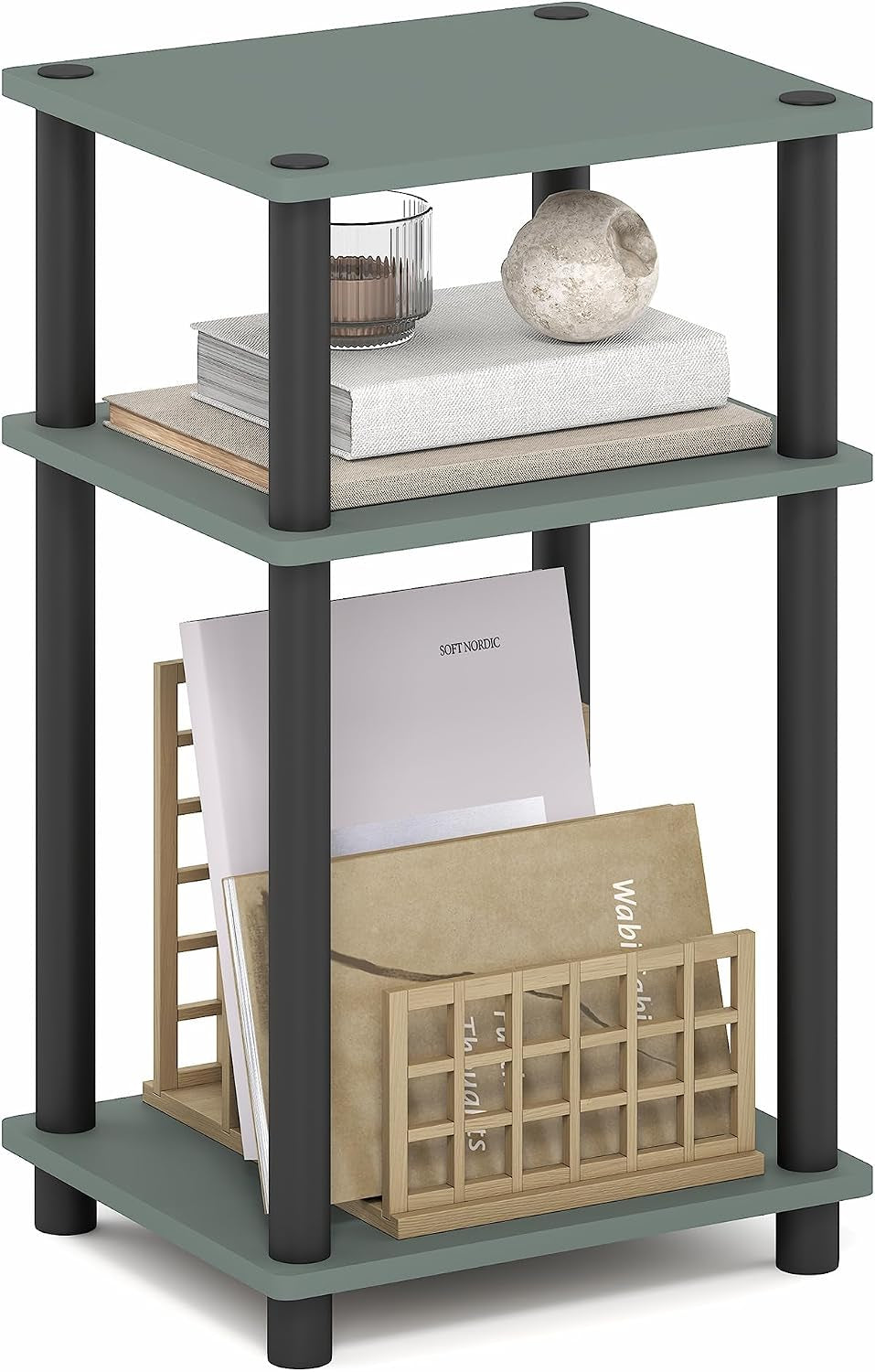 Green-topped three-tier table with black posts showing books and a wooden magazine organizer