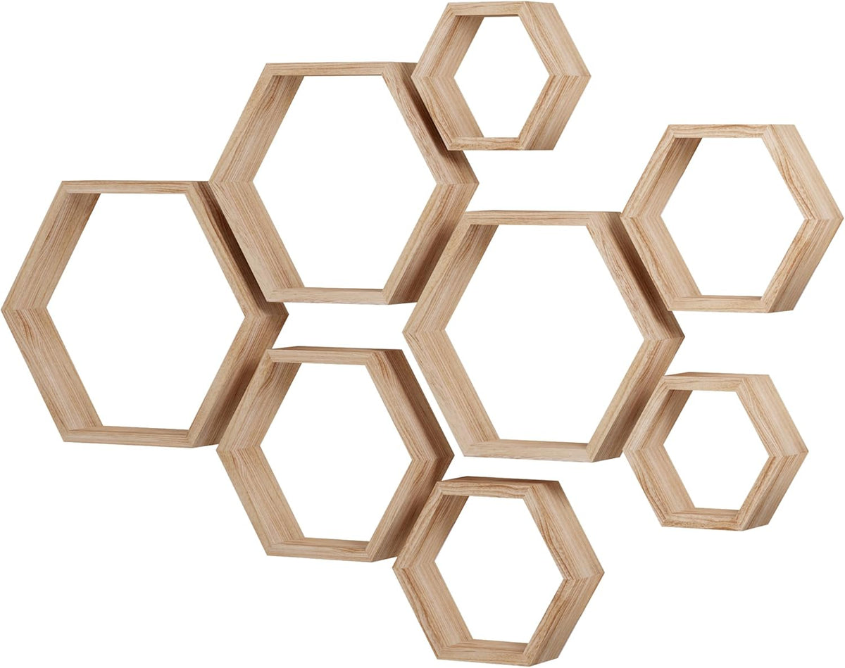 Nine light wood hexagon shelves grouped into a honeycomb layout on a white background