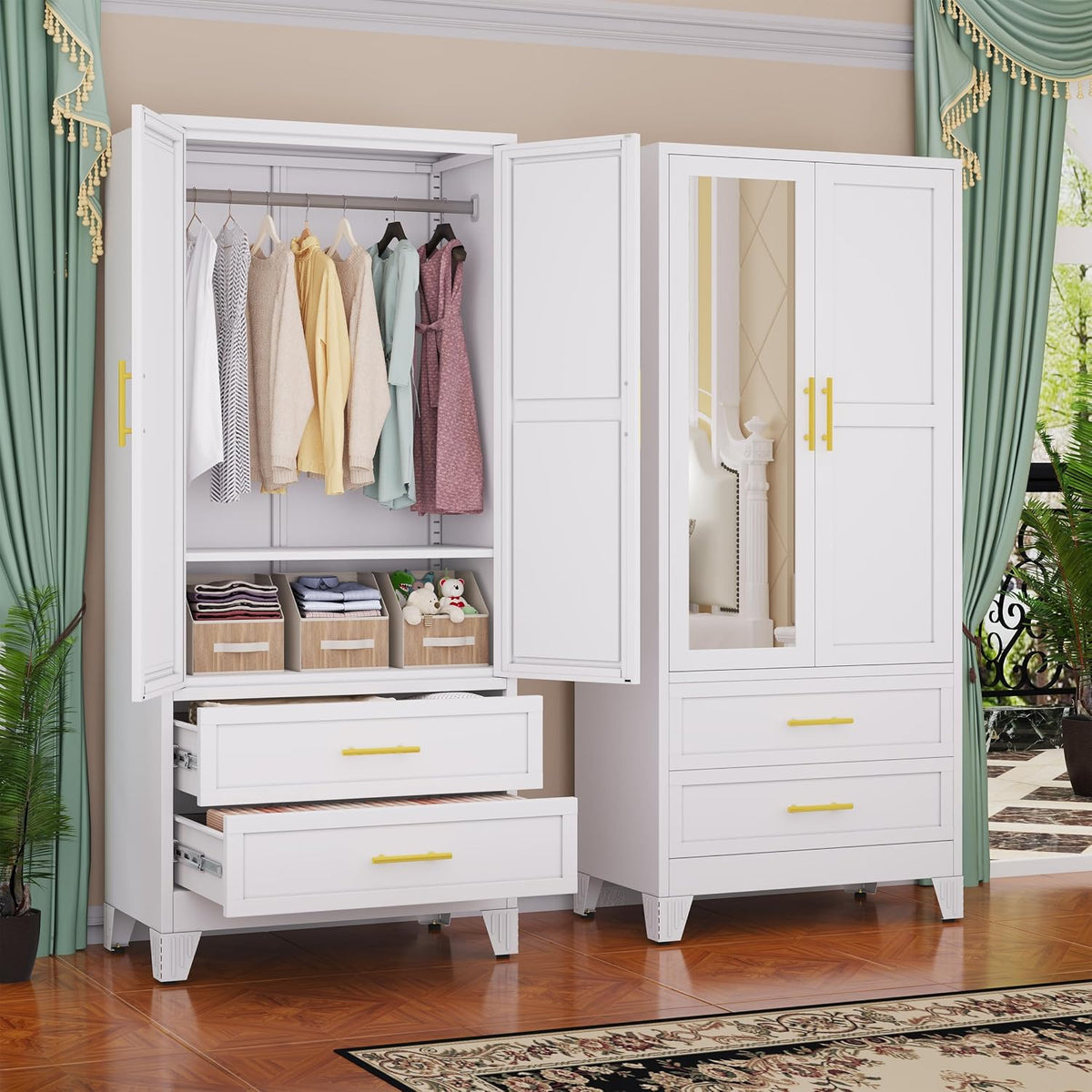 Pair of white metal wardrobe cabinets; left unit open showing hanging clothes, three storage bins and two partially open