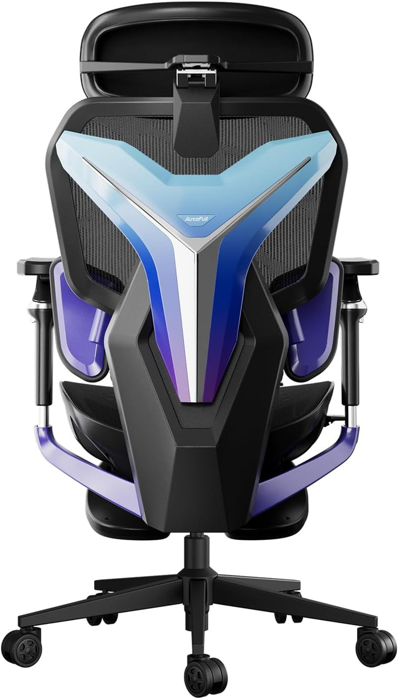 Rear view of the chair with a glossy blue-to-purple gradient backplate and matching arm supports.
