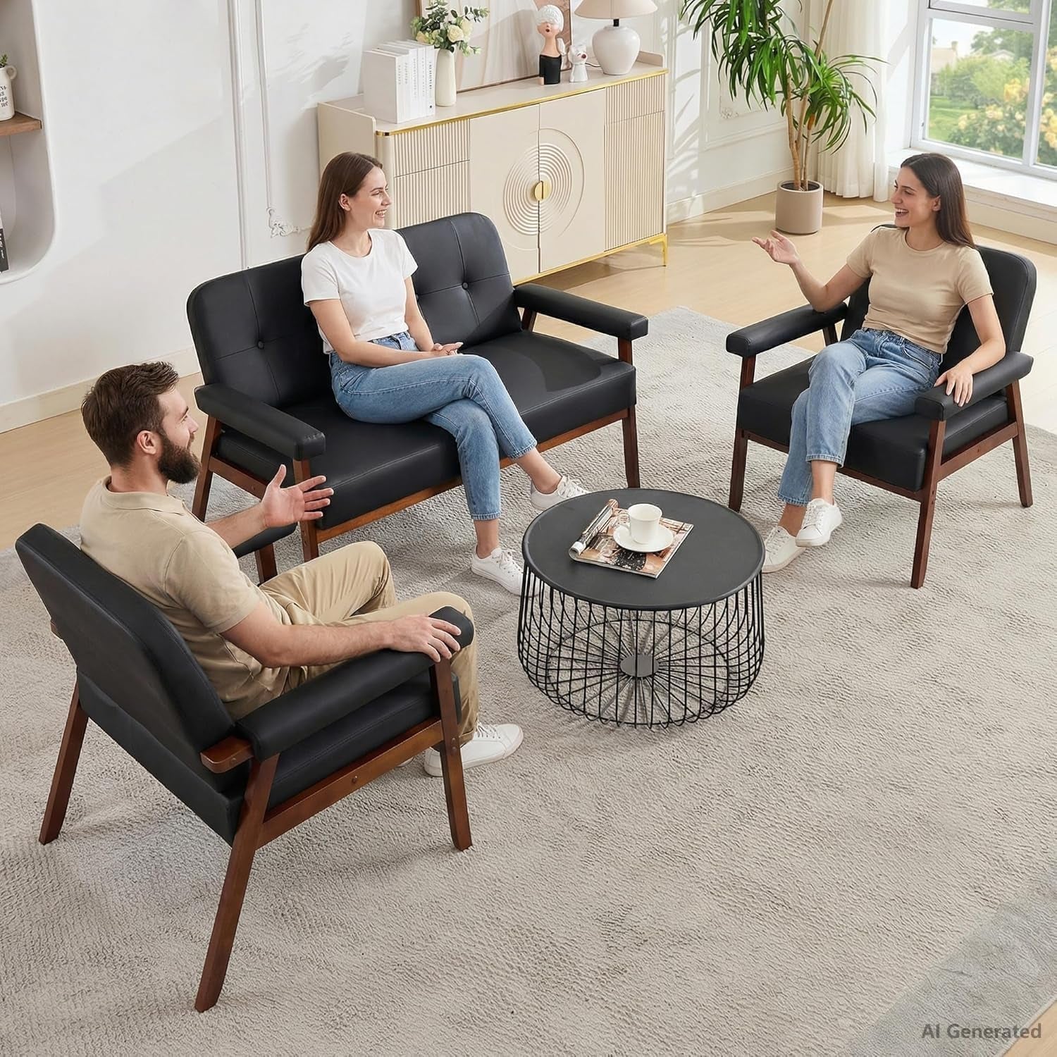 Lifestyle living room scene with the black loveseat and matching chairs and people seated around a coffee table