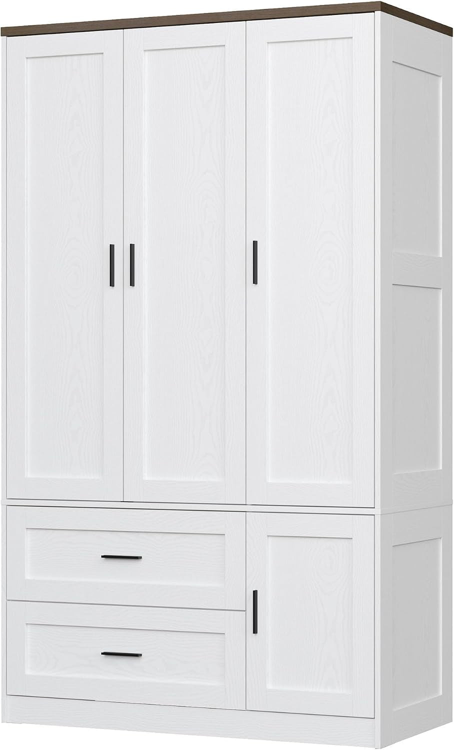 Front-facing studio image of the closed white wardrobe showing three doors, two drawers and contrasting wood top.