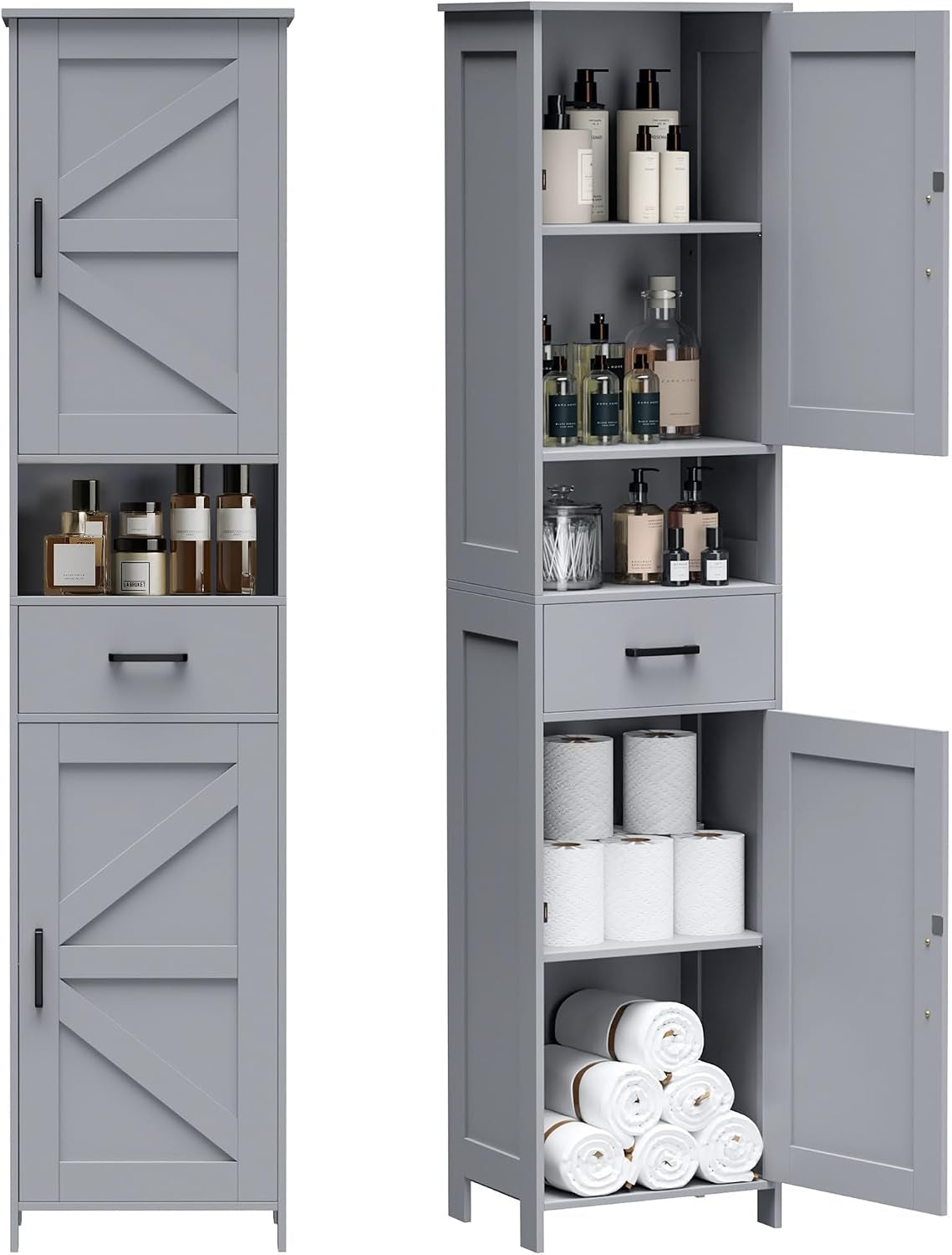 Light gray tall cabinet shown closed at left and open at right, displaying shelves, drawer and barn-door panels