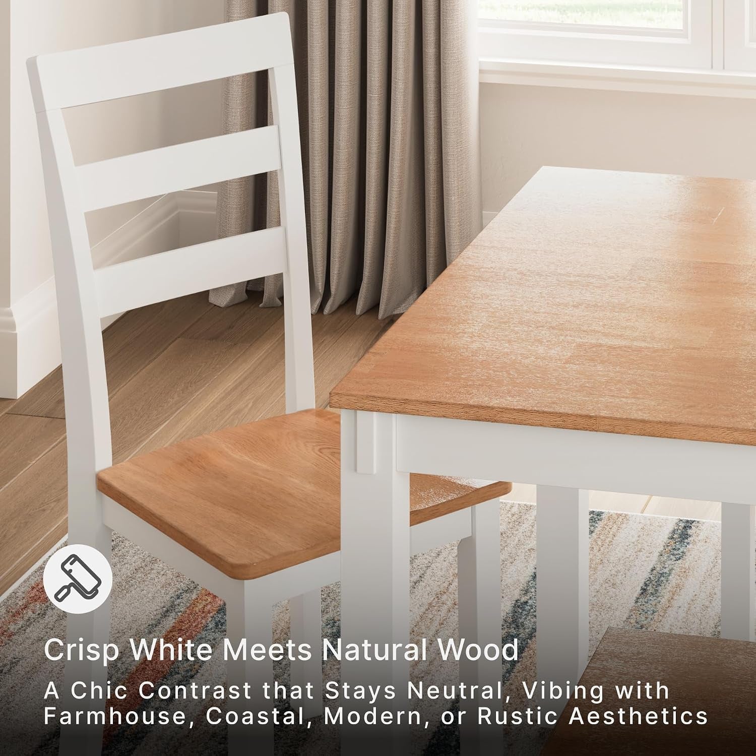 Close side view of a ladder-back chair and table corner with white frame and wood-tone seat and tabletop.