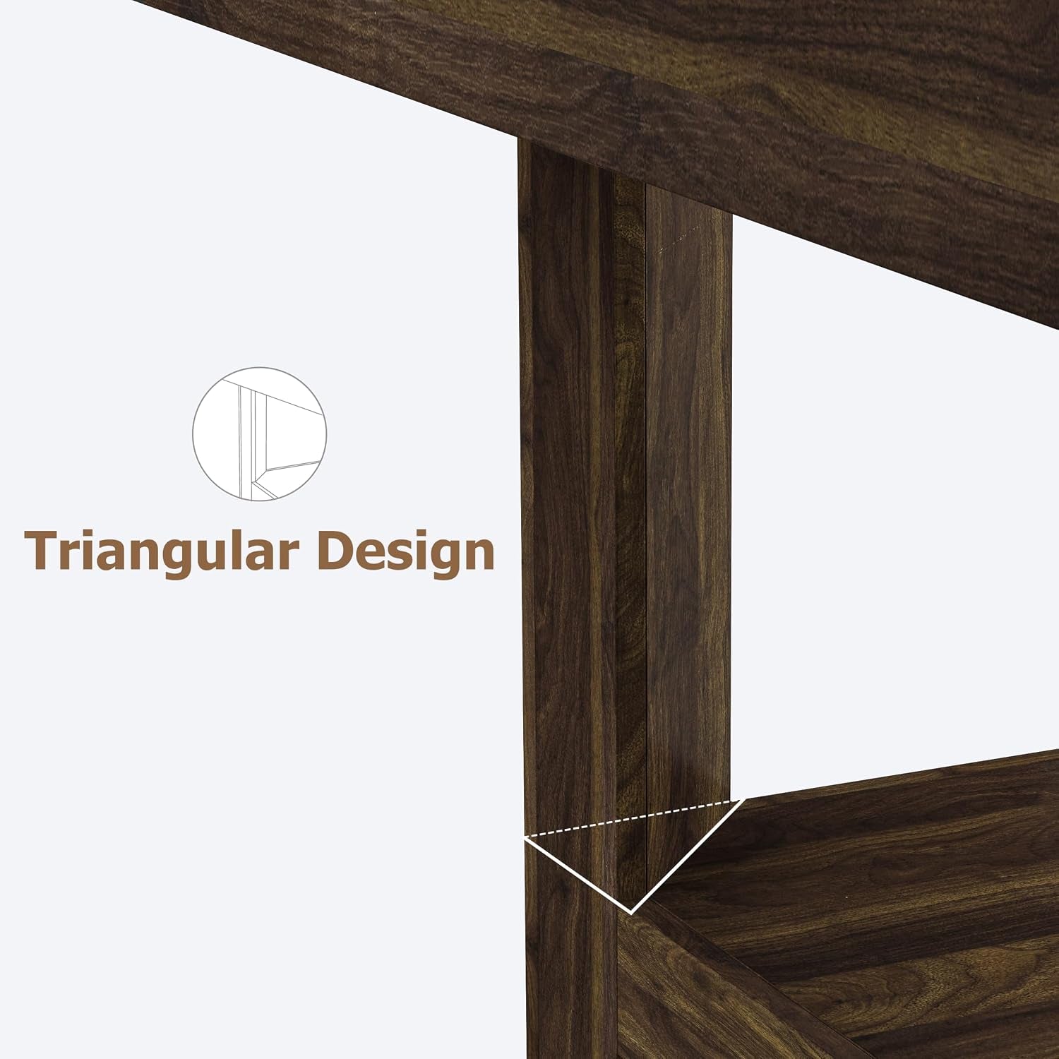 Close-up of a triangular leg connection and lower shelf showing adjustable leveling foot and wood-look finish