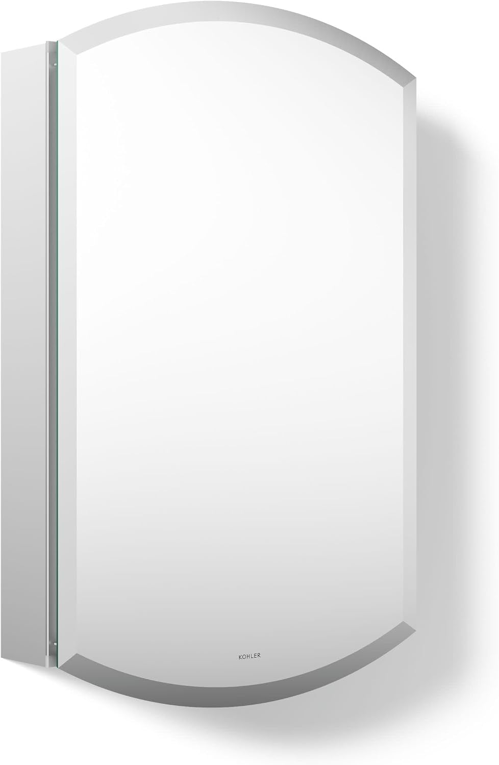 Arched medicine cabinet front view with beveled mirror and slim side reveal on white background