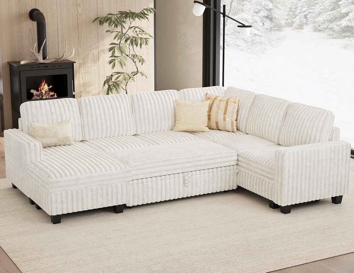 Cream corduroy sectional set near a snowy window, shown with two textured throw pillows.